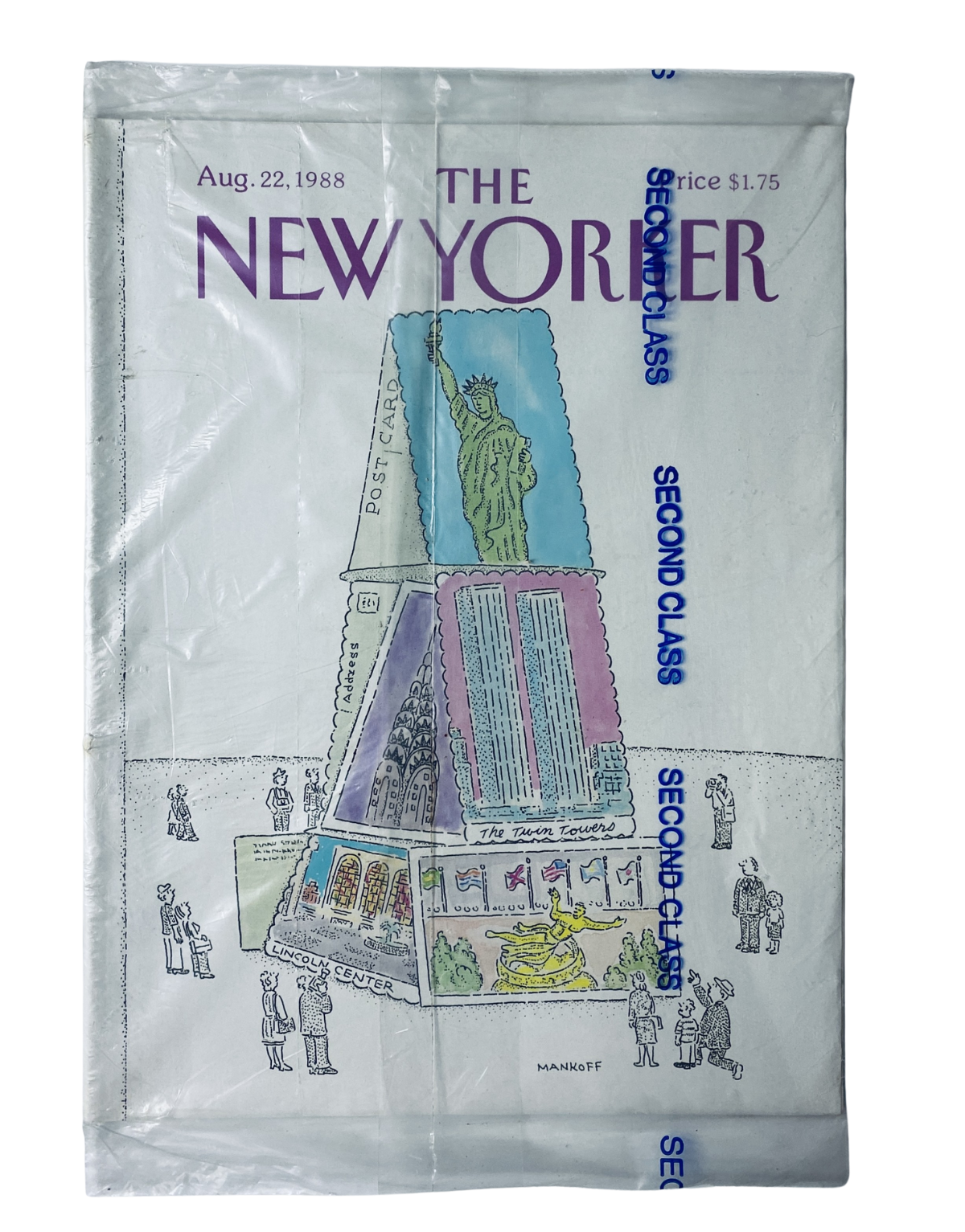 SEALED The New Yorker Magazine August 22, 1988 featuring a cover design with postcard stamps and the Statue of Liberty illustration by Mankoff, preserved in original plastic wrap.