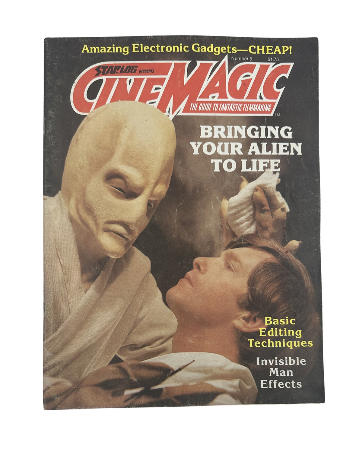 Cinemagic Magazine No. 6 featuring Invisible Man effects and alien editing techniques on the cover, showcasing a scene with a character in a mask and a dramatic pose.