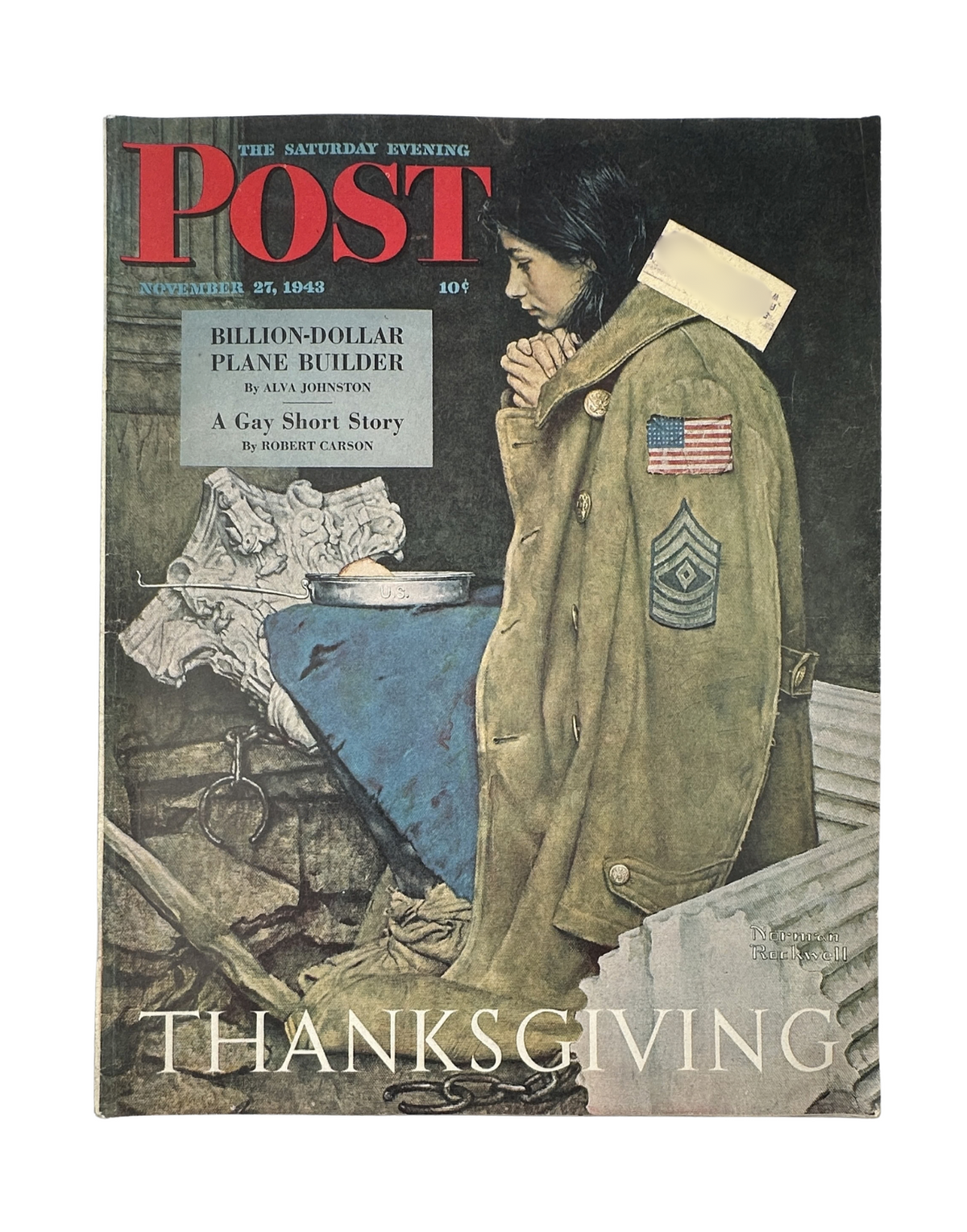 Saturday Evening Post Magazine cover from November 27, 1943, featuring a Norman Rockwell illustration with a woman in a military coat and an American flag, reflecting Thanksgiving emotions.