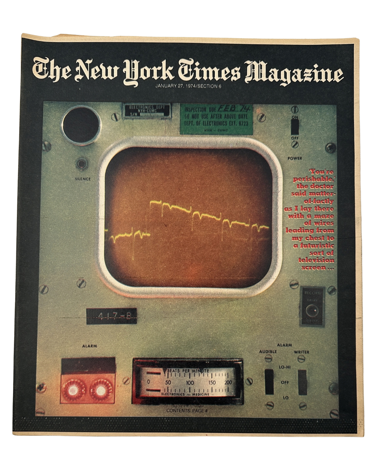 Cover of The New York Times Magazine January 27, 1974, featuring an image of a coronary care unit monitor displaying alarm lights and heartbeat variations.
