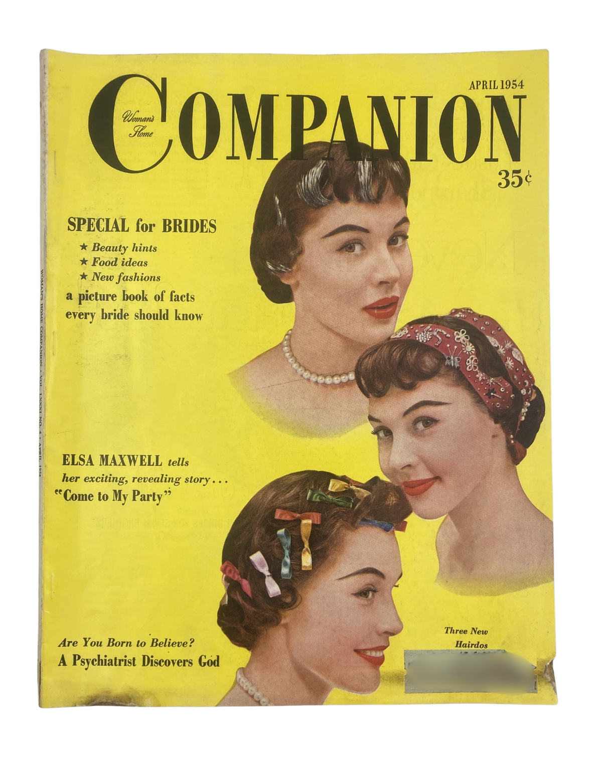 Cover of Woman’s Home Companion Magazine April 1954 featuring Elsa Maxwell's article 'Come to My Party', showcasing models with 1950s hairstyles and fashion in a vibrant yellow background.