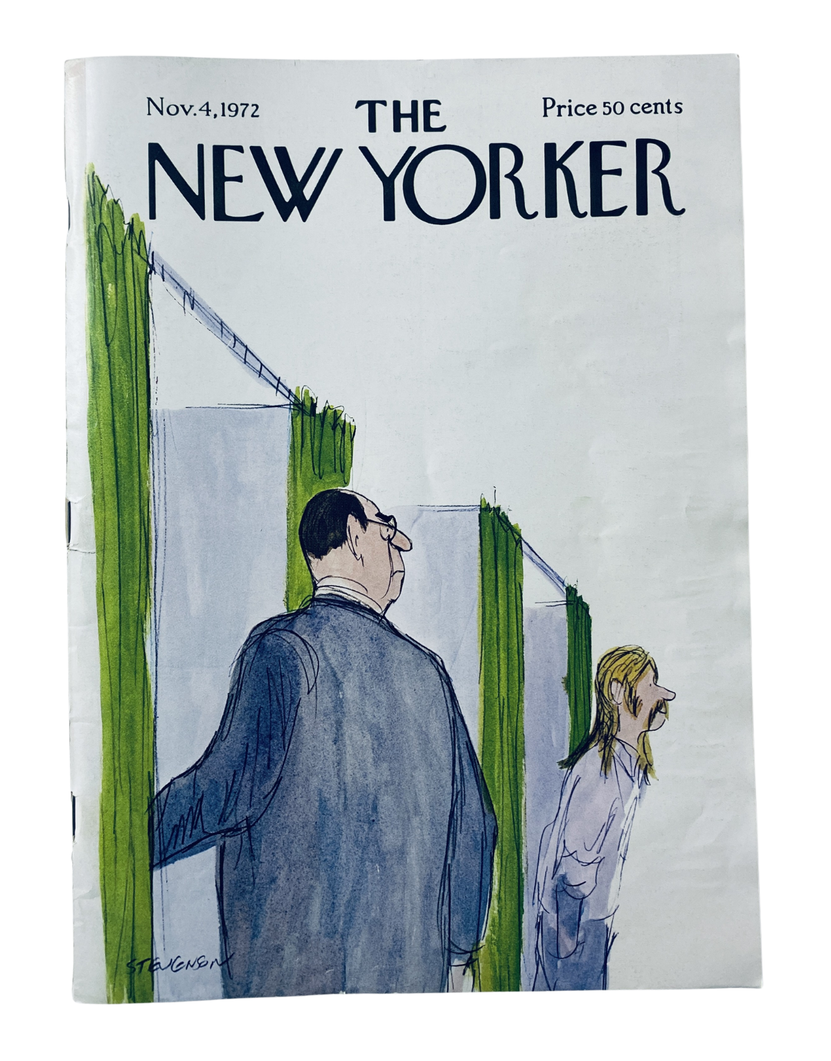 Cover of The New Yorker Magazine from November 4, 1972 featuring a cartoon illustration, priced at 50 cents, depicting two characters in conversation.