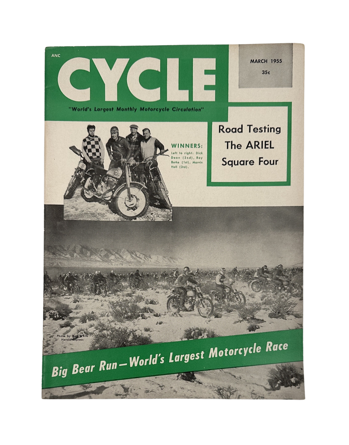 Cycle Magazine March 1955 featuring Ariel Square Four and the Big Bear Run, showcasing winners with motorcycles in a desert landscape.
