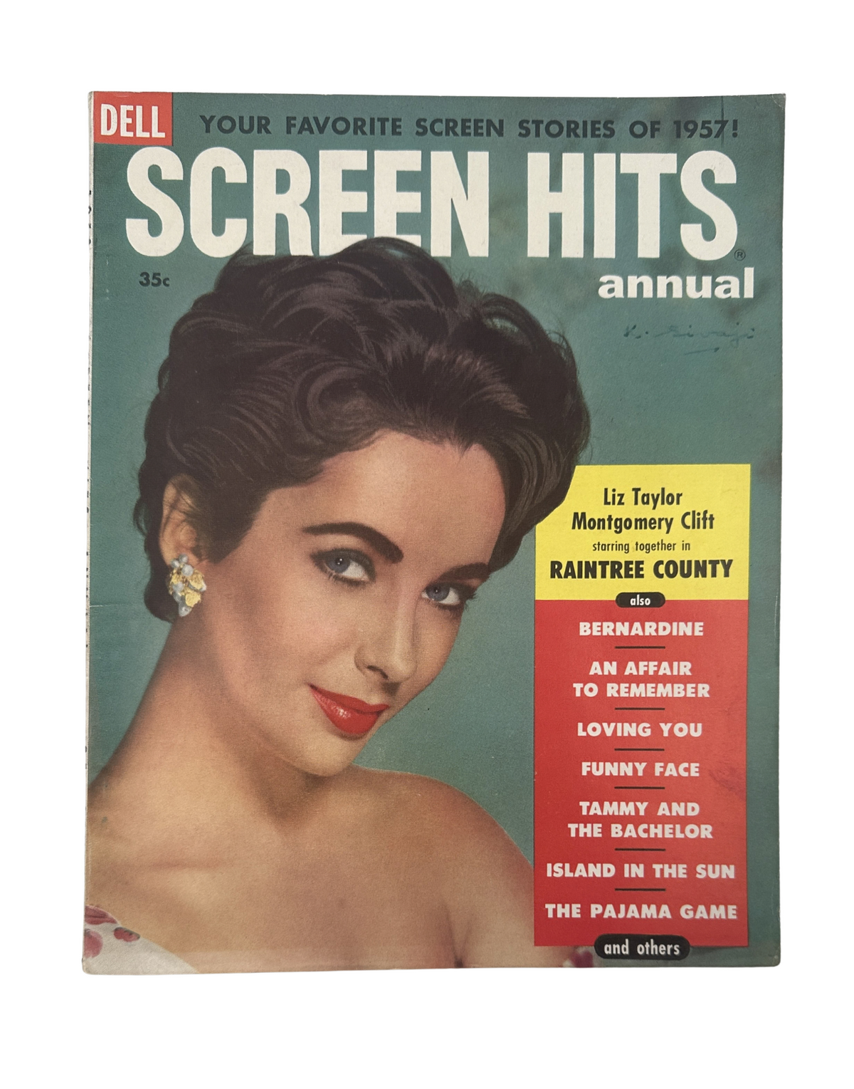 Cover of Screen Hits Magazine from 1957 featuring Elizabeth Taylor, Montgomery Clift, and Elvis Presley, highlighting popular films such as Raintree County, Loving You, and The Pajama Game.