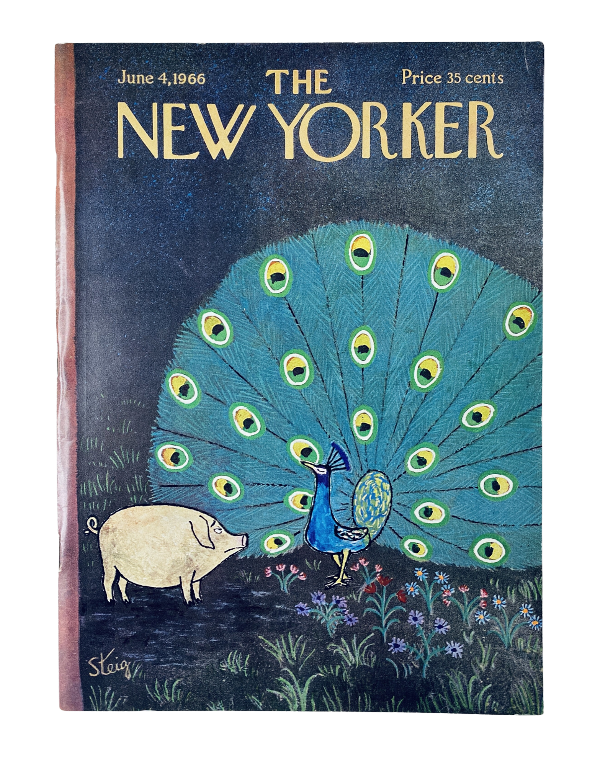 The New Yorker Magazine June 4, 1966 cover featuring a whimsical design of a pig and a peacock by William Steig, showcasing vibrant colors and artistic elements.