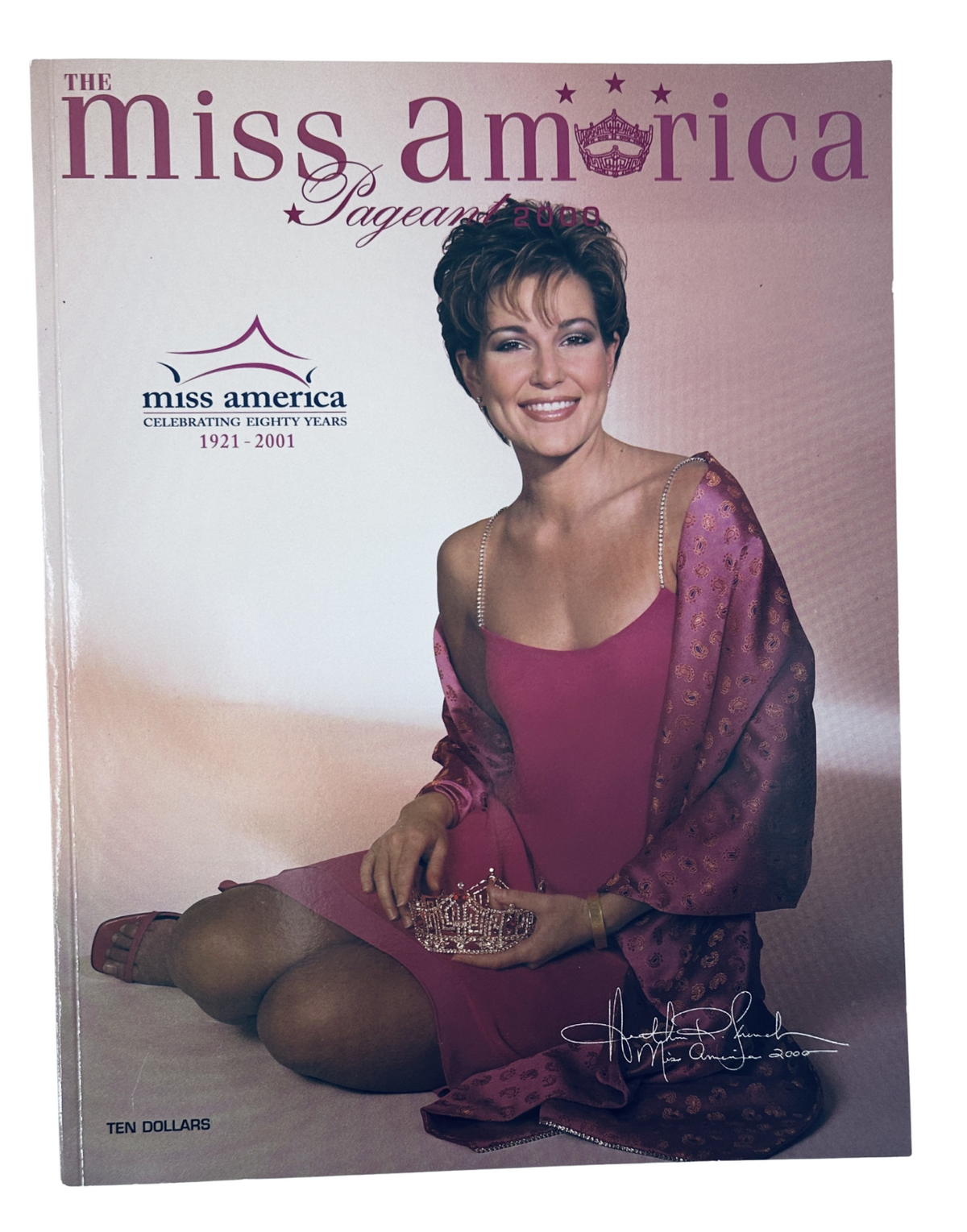 The 2000 Miss America Pageant Magazine Official Program featuring Heather French on the cover, showcasing her in a pink dress with a tiara, highlighting the celebration of the pageant's 80th anniversary.
