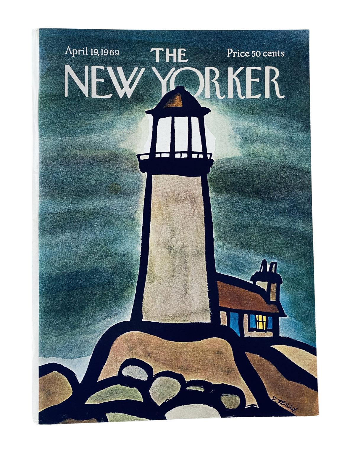 Cover of The New Yorker Magazine from April 19, 1969, featuring a lighthouse illustration by Donald Reilly, priced at 50 cents. The artwork displays a strong lighthouse against a moonlit backdrop.