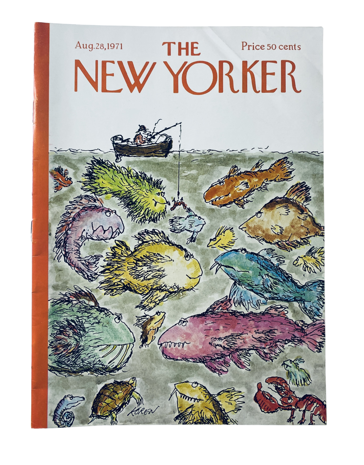 Cover of The New Yorker Magazine from August 28, 1971, featuring a colorful illustration of various imaginative fish by Edward Koren, along with a fishing boat. The magazine is priced at 50 cents.