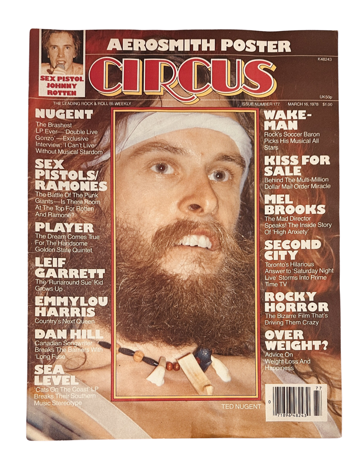 Cover of Circus Magazine March 16, 1978 featuring Ted Nugent, with articles on the Sex Pistols, Ramones, and a poster of Aerosmith. The magazine exhibits significant wear.