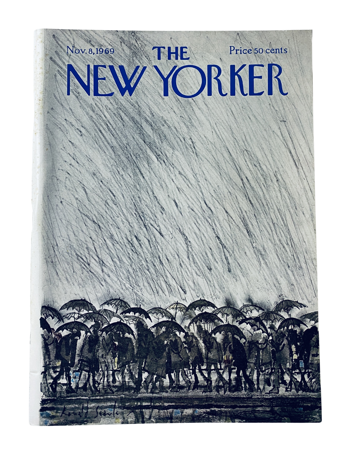Cover of The New Yorker Magazine from November 8, 1969 featuring artwork by Ronald Searle depicting figures with umbrellas in the rain. Vintage publication in very good condition available for collectors.