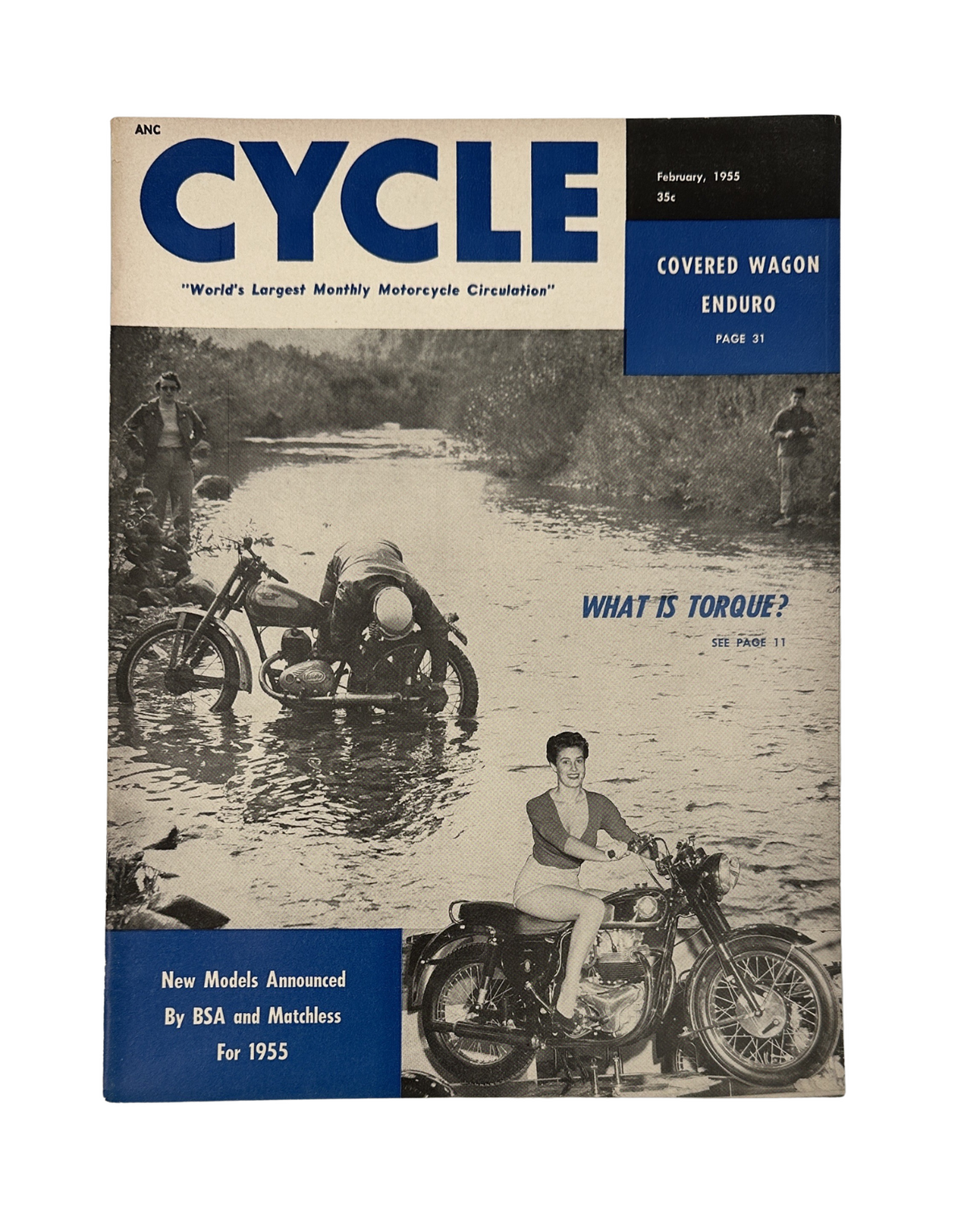 Cycle Magazine February 1955 featuring BSA Matchless Models and Covered Wagon Enduro, showcasing a striking motorcycle cover image with riders crossing a water body. Perfect for vintage motorcycle enthusiasts and collectors.