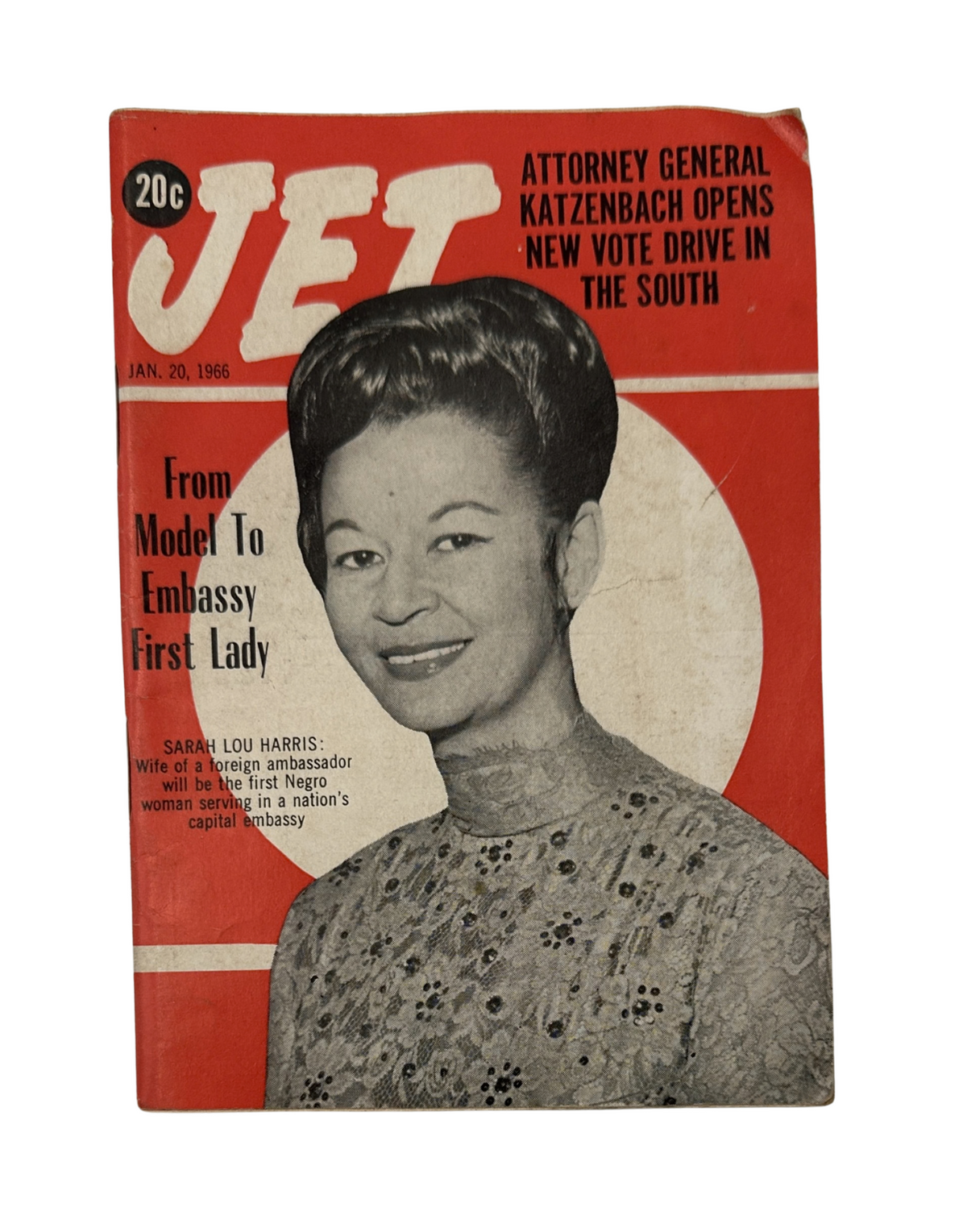 Jet Magazine cover from January 20, 1966 featuring Sarah Lou Harris, highlighted with the title 'From Model to Embassy First Lady' and red background.