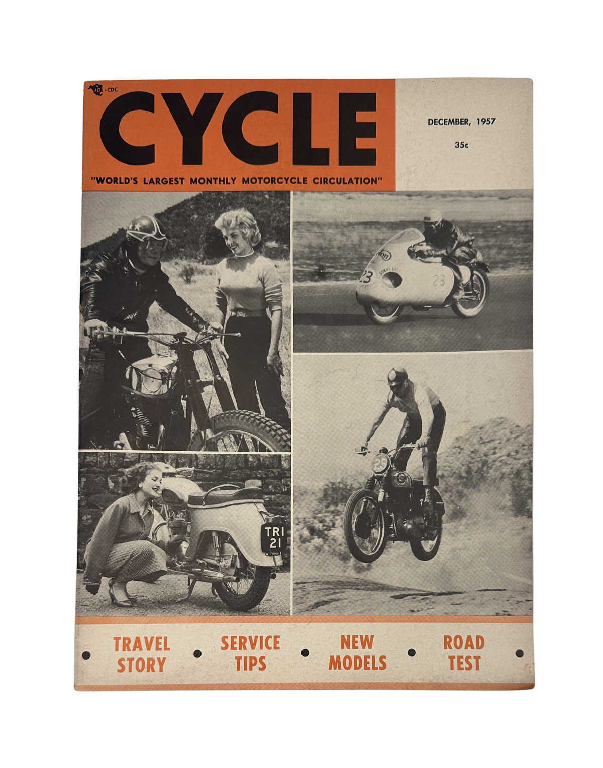 Cycle Magazine December 1957 cover featuring motorcycles, including a Triumph with the number 21, showcasing travel stories and service tips.