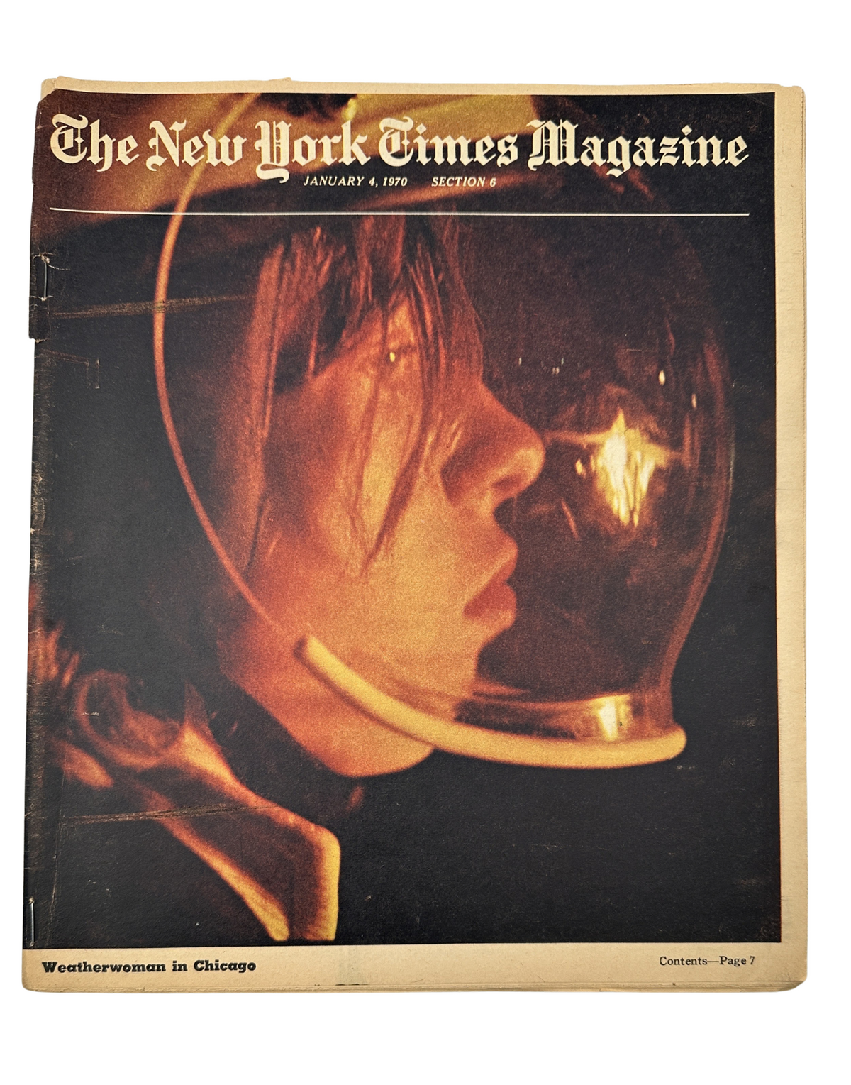 Cover of The New York Times Magazine January 4, 1970 featuring 'Weatherwoman in Chicago,' depicting a girl wearing a helmet with a reflective light, highlighting themes of protest and activism.