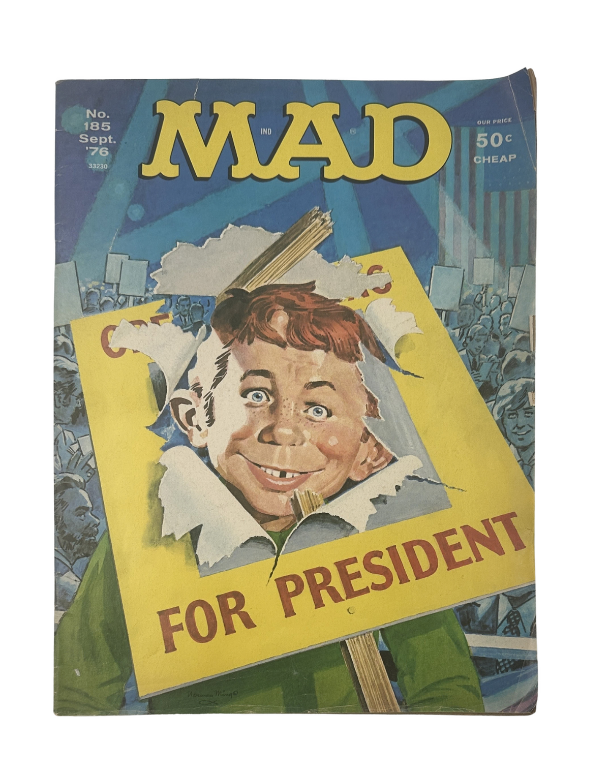 MAD Magazine No. 185 September 1976 featuring a humorous cover illustration of a boy holding a sign that reads 'FOR PRESIDENT', typical of MAD's satirical style.