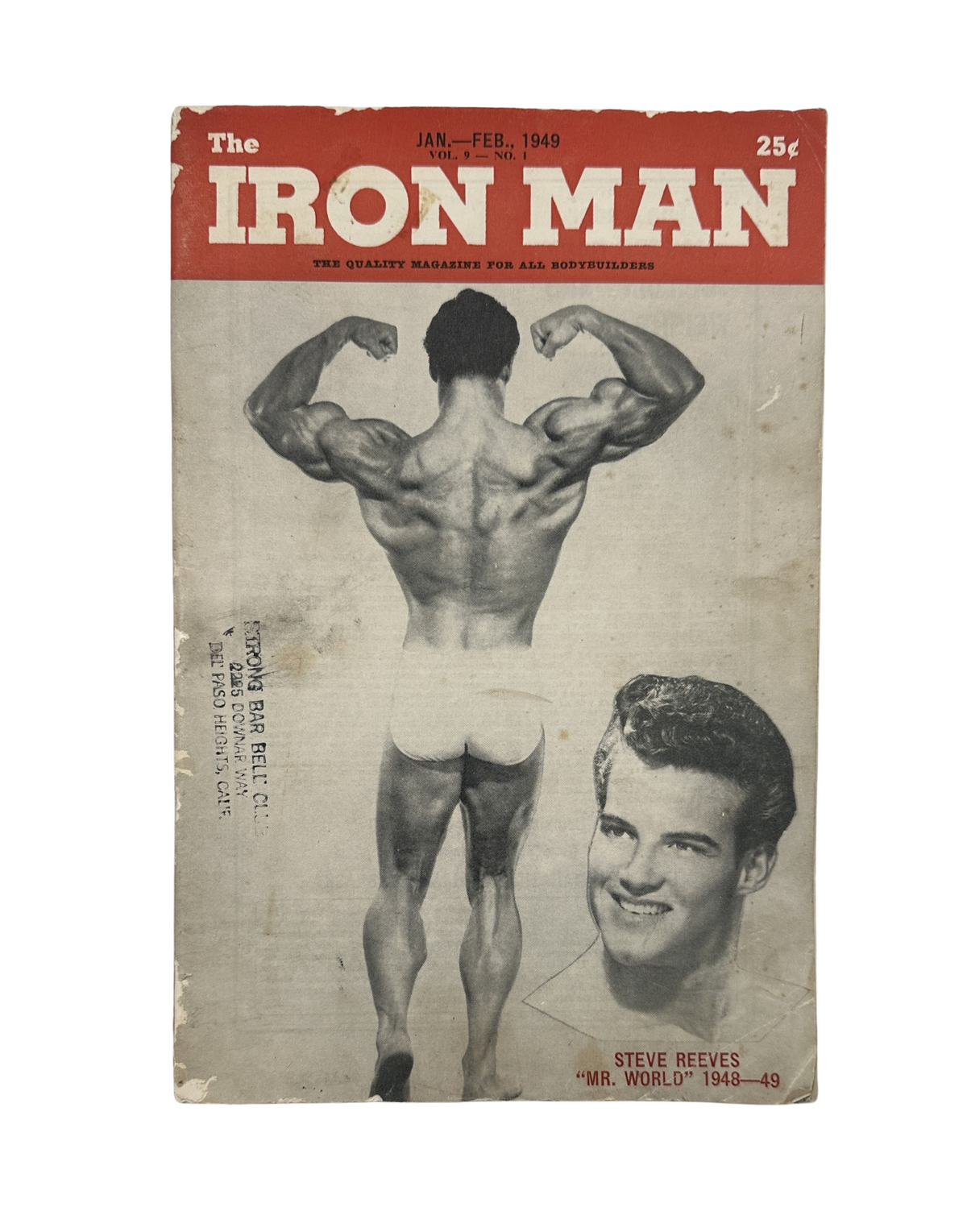 Iron Man Magazine January-February 1949 featuring Steve Reeves on the cover, showcasing his muscular back and arms, emphasizing fitness and bodybuilding in vintage style.