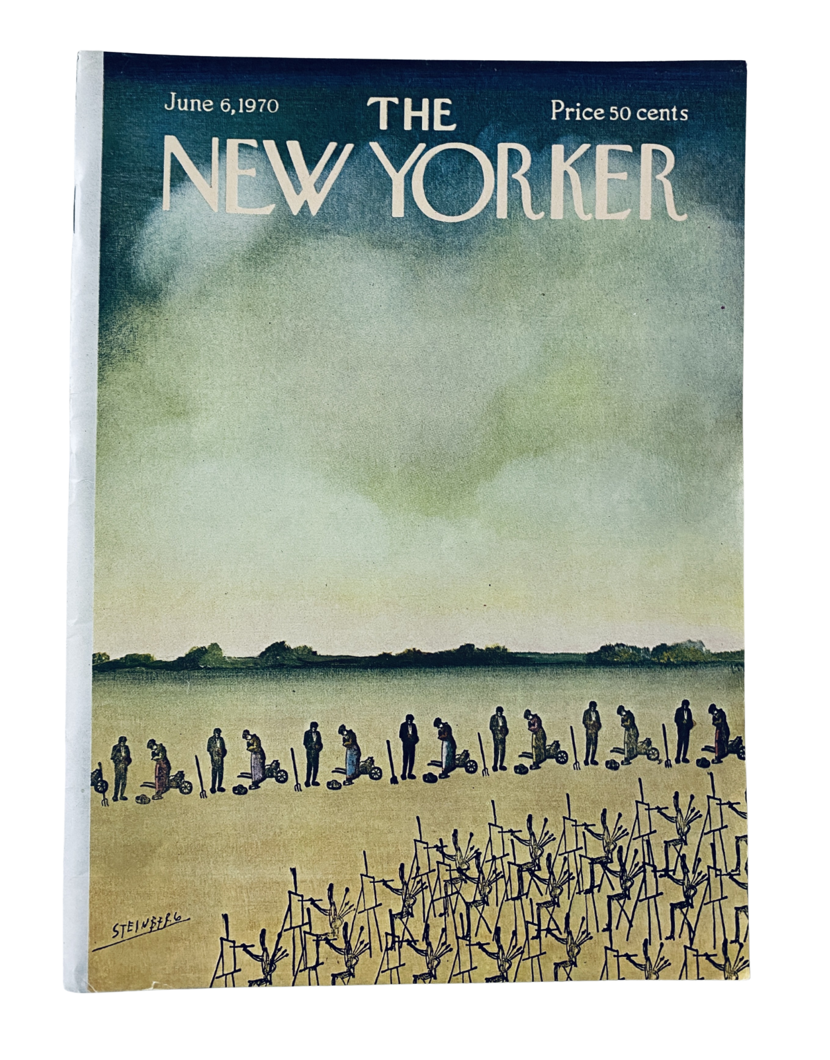 The New Yorker Magazine June 6, 1970 cover featuring an abstract landscape by Saul Steinberg, depicting figures and a serene background, priced at 50 cents, in very good condition.
