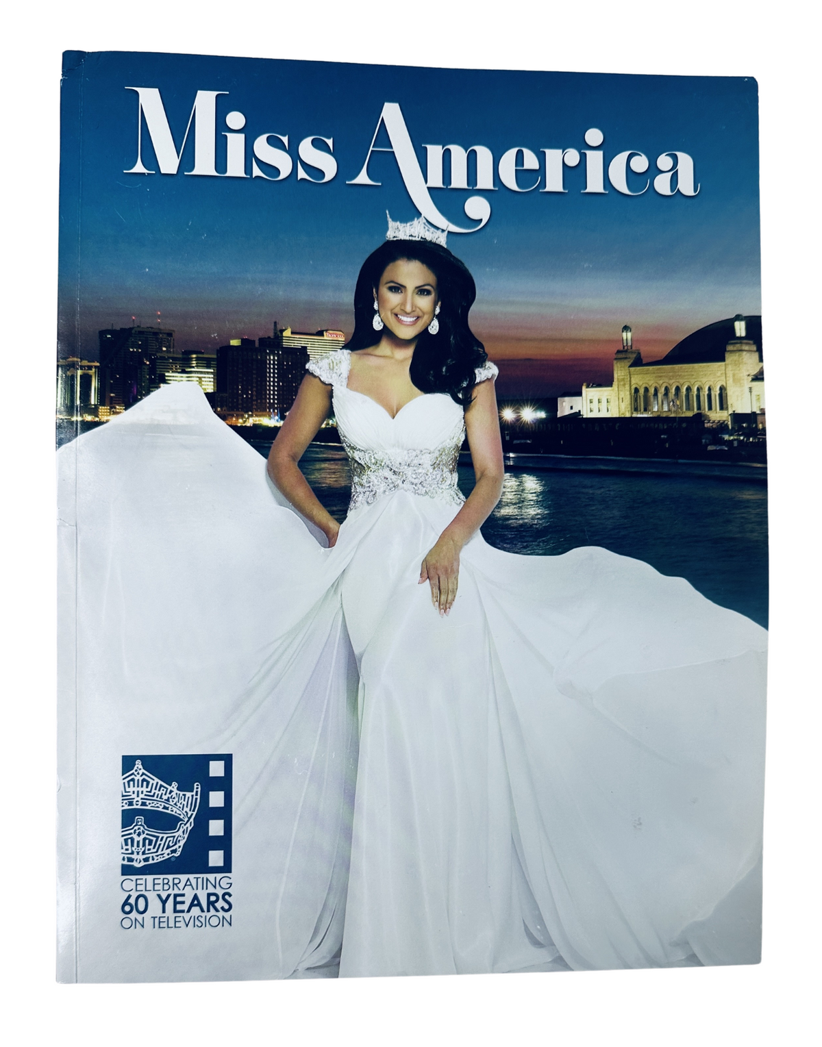 Cover of Miss America Magazine 2014 celebrating 60 years on television featuring Nina Davuluri in a stunning gown.