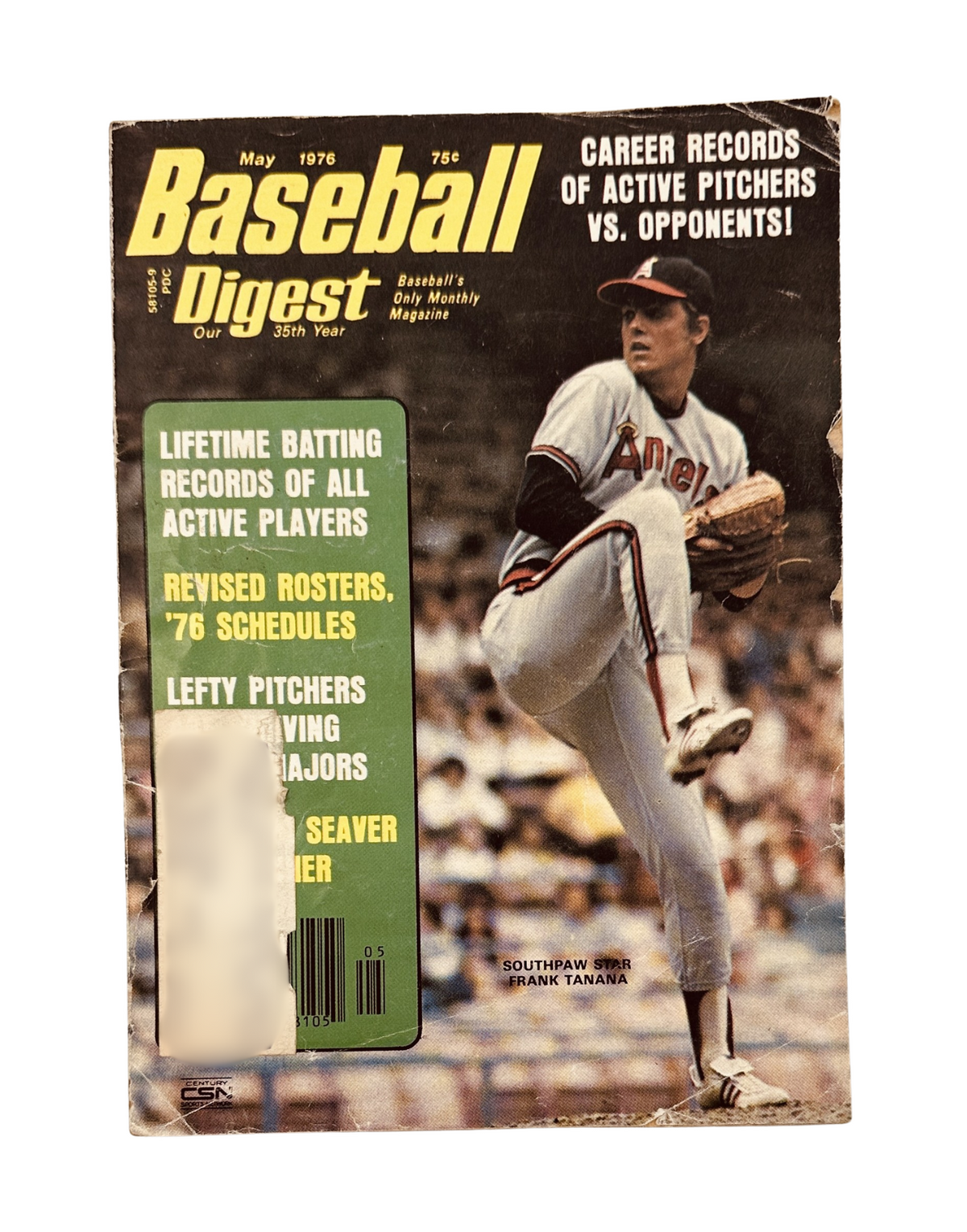 Cover of Baseball Digest Magazine from May 1976 featuring Frank Tanana, a southpaw pitcher for the Los Angeles Angels. The cover highlights career records of active pitchers against opponents and includes details on lifetime batting records and revised rosters.