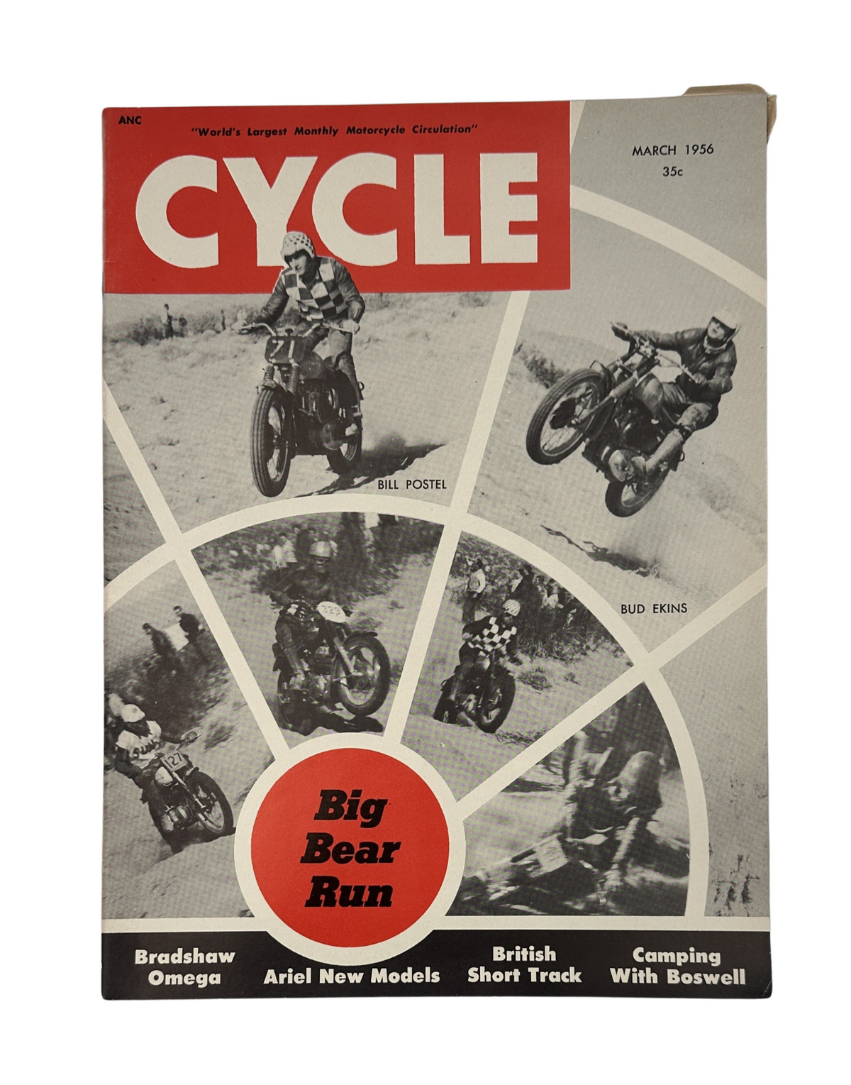 Cycle Magazine cover from March 1956 featuring the Big Bear Run, showcasing motorcycle racers Bill Postel and Bud Ekins. Highlights Ariel new models and British short track racing.