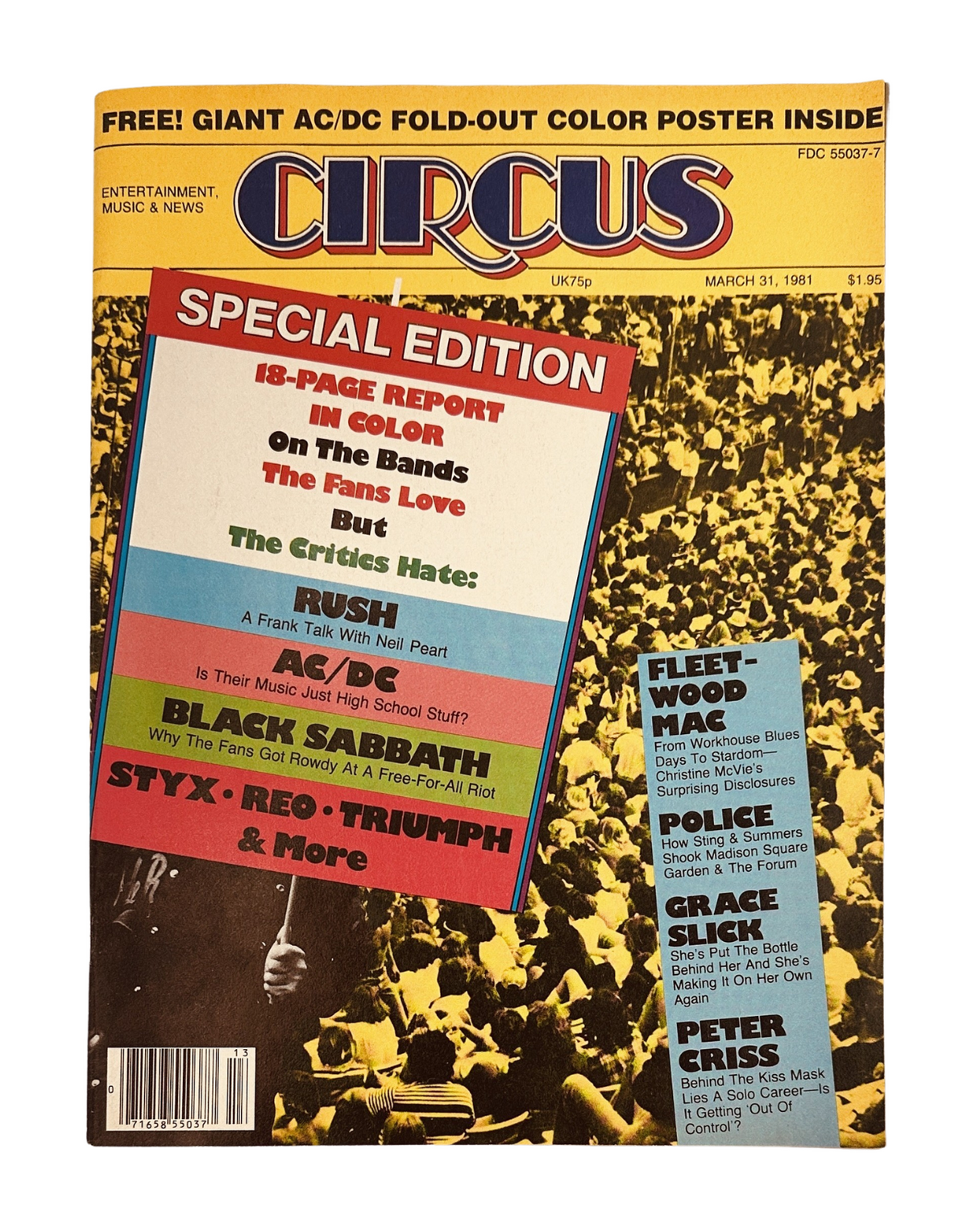 Front cover of Circus Magazine from March 31, 1981 featuring AC/DC, Rush, Black Sabbath, and Styx, with a special edition note about an AC/DC fold-out poster inside. This magazine showcases highlights of the rock music scene.