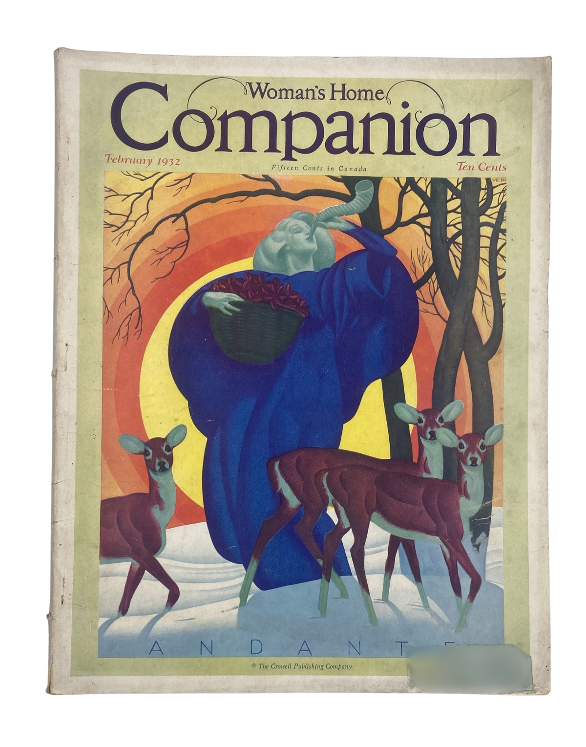 Woman’s Home Companion Magazine February 1932 featuring an Art Deco style Andante cover illustration by W. Welsh, showcasing a figure in blue holding a basket amid a wintery landscape with deer.