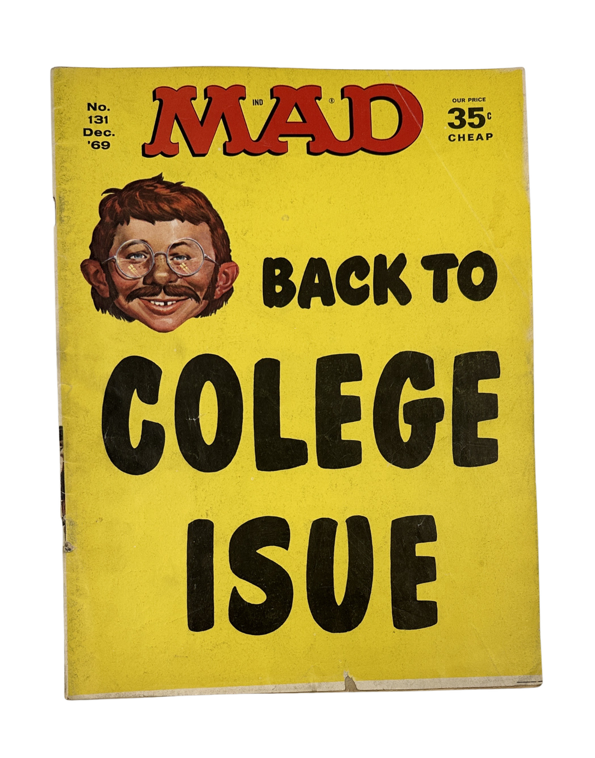 MAD Magazine No. 131, December 1969, titled 'Back to College Issue', featuring a humorous illustration of a character with glasses on the yellow cover.