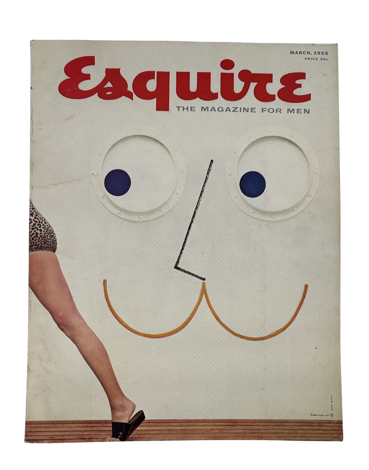 Esquire Magazine March 1955 cover featuring a humorous design with large eyes and a smile, showcasing a pinup leg in a leopard print bikini.