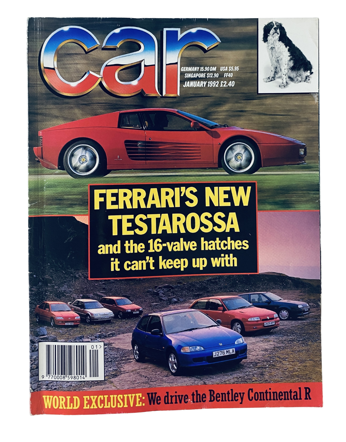 Cover of CAR Magazine January 1992 featuring Ferrari's new Testarossa and hot hatches, showcasing car photography and bold headlines about automotive news.