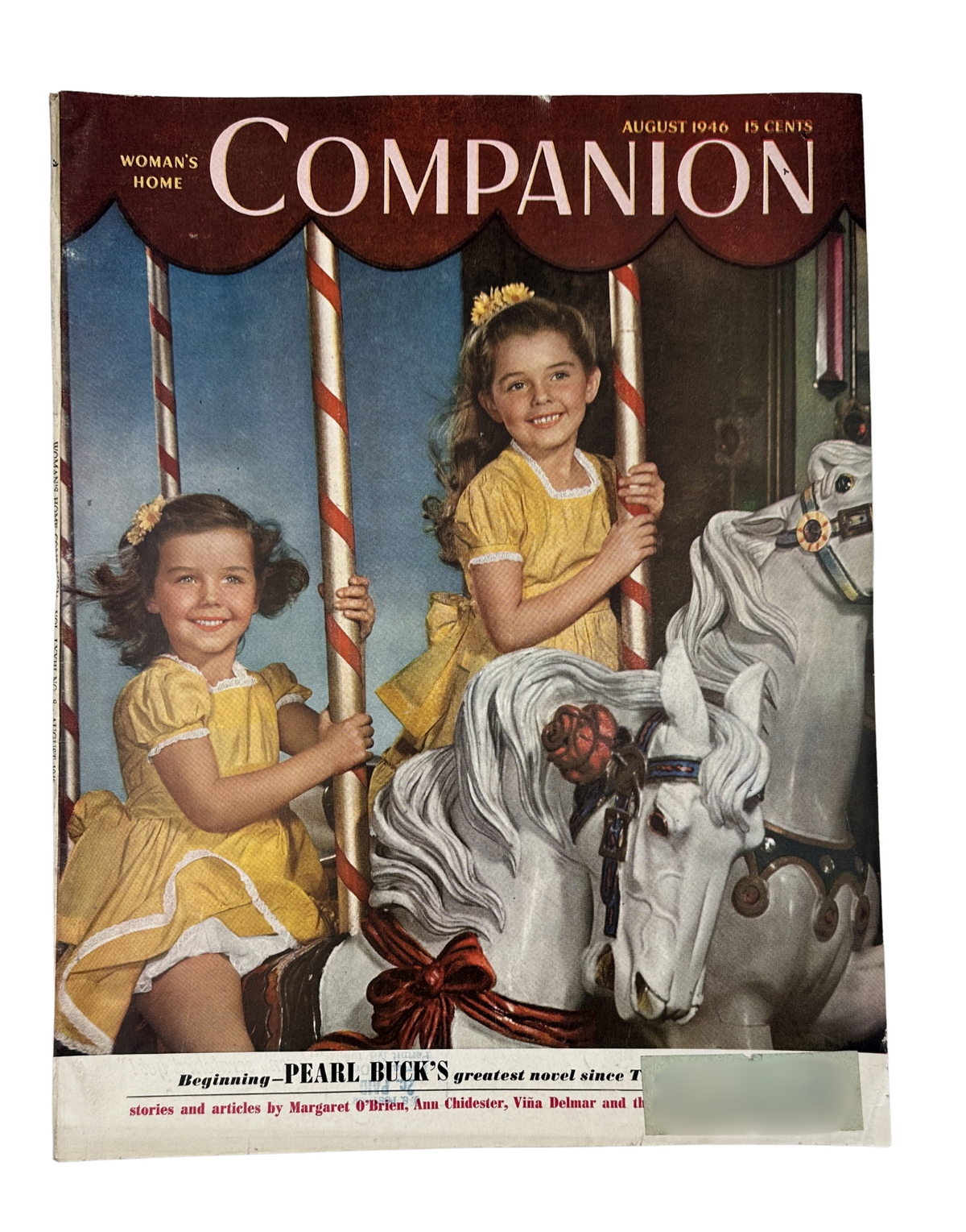 August 1946 cover of Woman’s Home Companion Magazine featuring two young girls in yellow dresses on a carousel, depicting the theme of Pearl Buck's Pavilion of Women.