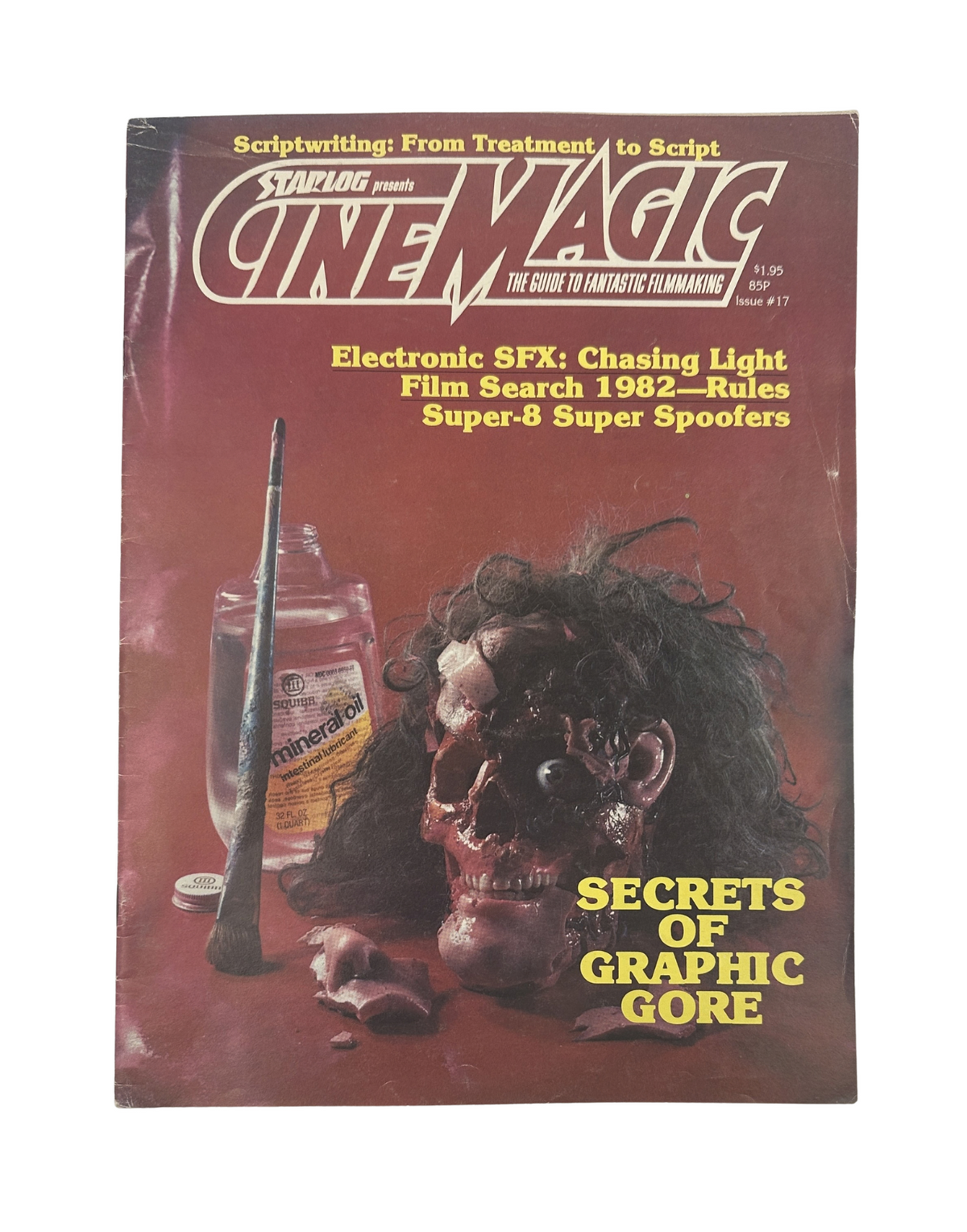 CineMagic Magazine No. 17 cover featuring a dramatic horror theme with a skull and blood against a red backdrop, highlighting the article 'Secrets of Graphic Gore' along with topics on Super-8 and Electronic SFX.