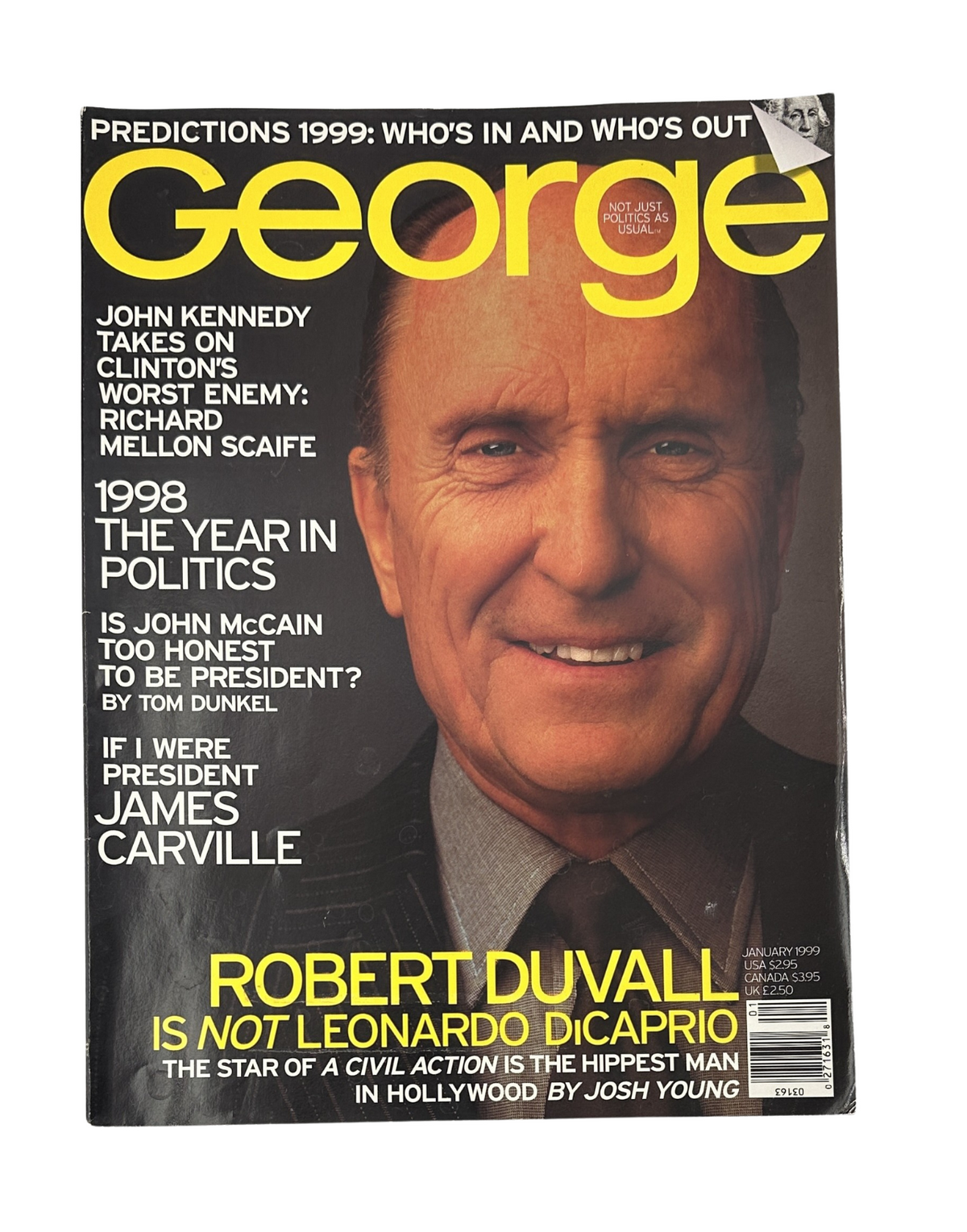 George Magazine January 1999 cover featuring Robert Duvall with bold yellow title, discussing themes like politics and predictions for 1999.
