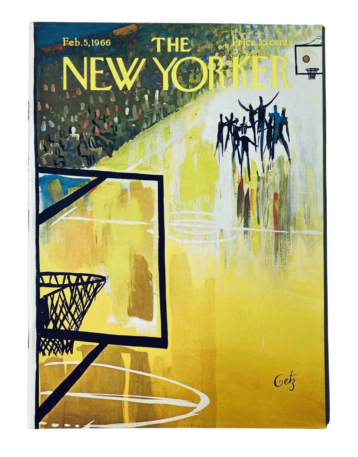 Cover of The New Yorker Magazine February 5, 1966 featuring artwork by Arthur Getz, depicting a basketball court with vibrant colors and figures in motion.