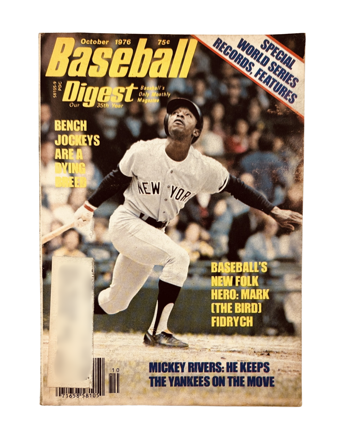 Baseball Digest Magazine October 1976 featuring Mark Fidrych and Mickey Rivers on the cover, highlighting baseball's new folk hero and the Yankees player.