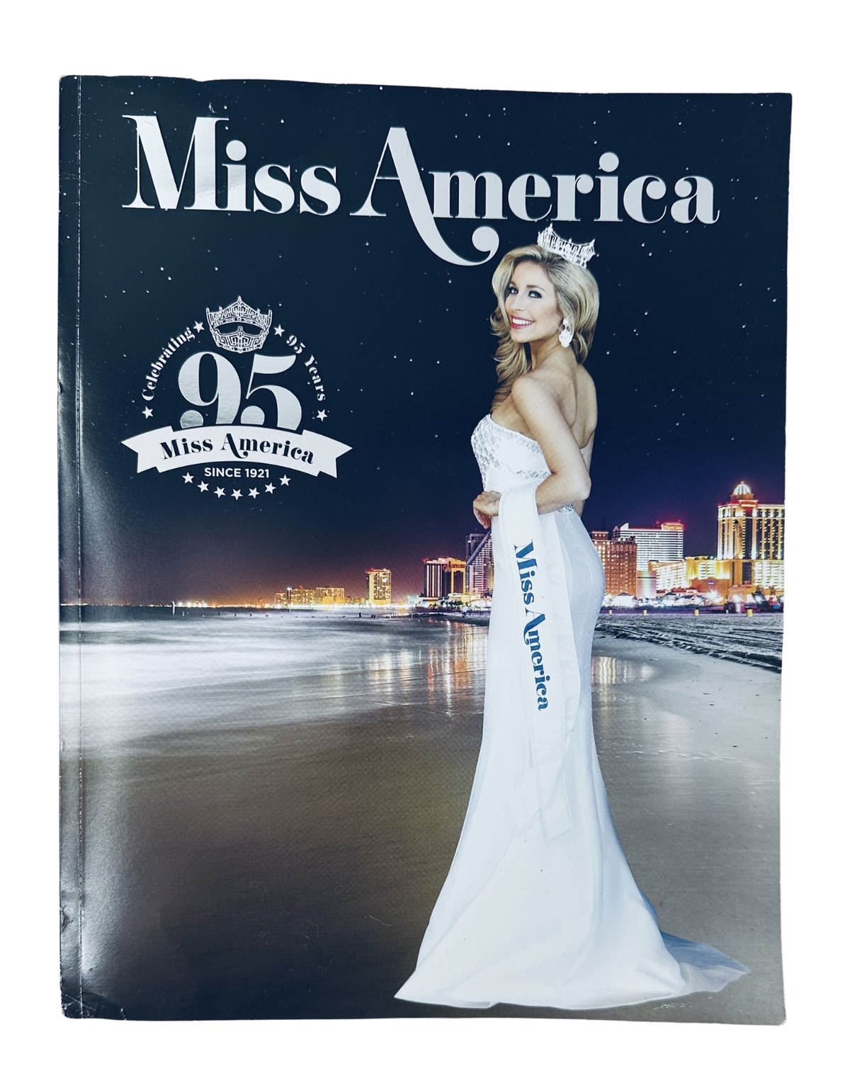 Miss America Magazine September 13, 2015 Program featuring Kira Kazantsev on the cover, celebrating 95 years of Miss America since 1921, set against a nighttime beach backdrop.