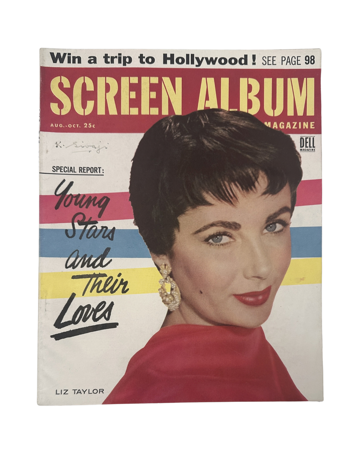 Screen Album Magazine August 1955 featuring Liz Taylor on the cover with the headline 'Young Stars and Their Loves'.