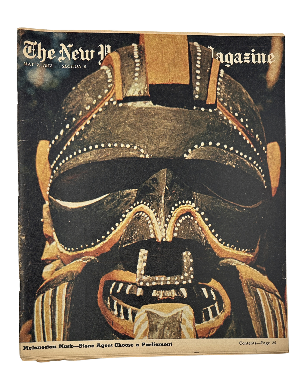 Cover of The New York Times Magazine from May 7, 1972, featuring a Melanesian mask, representing Stone Age culture of Papua New Guinea, with the headline 'Melanesian Mask—Stone Agers Choose a Parliament.'
