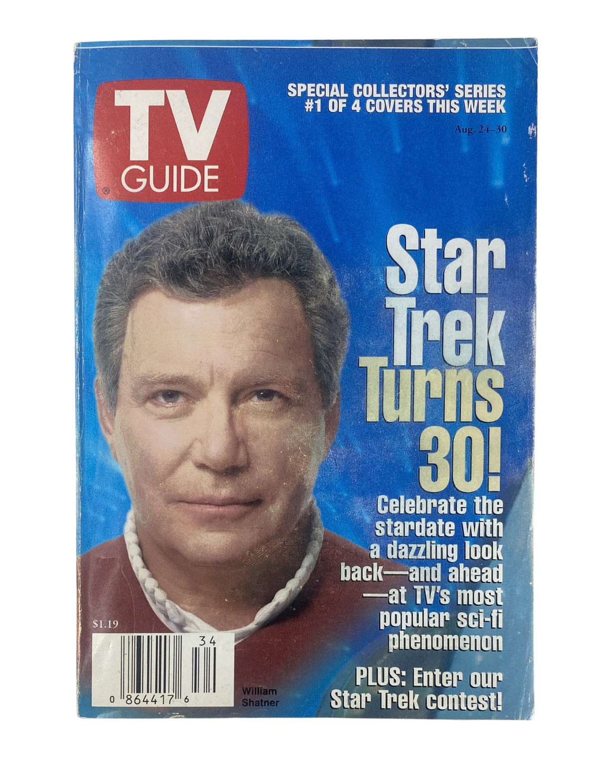 TV Guide Magazine August 24, 1996 cover featuring William Shatner celebrating Star Trek's 30th anniversary with a bold headline 'Star Trek Turns 30!'. The cover highlights the show's contributions to popular sci-fi.