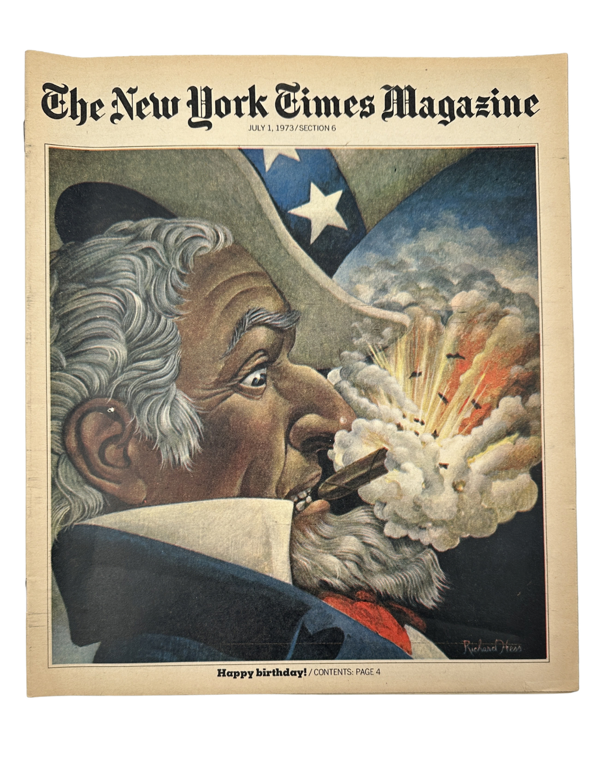 Cover of The New York Times Magazine July 1, 1973 featuring artwork by Richard Hess. The illustration depicts a man with a cigar lighting fireworks, symbolizing American independence. Cover highlights and celebrates the Fourth of July.