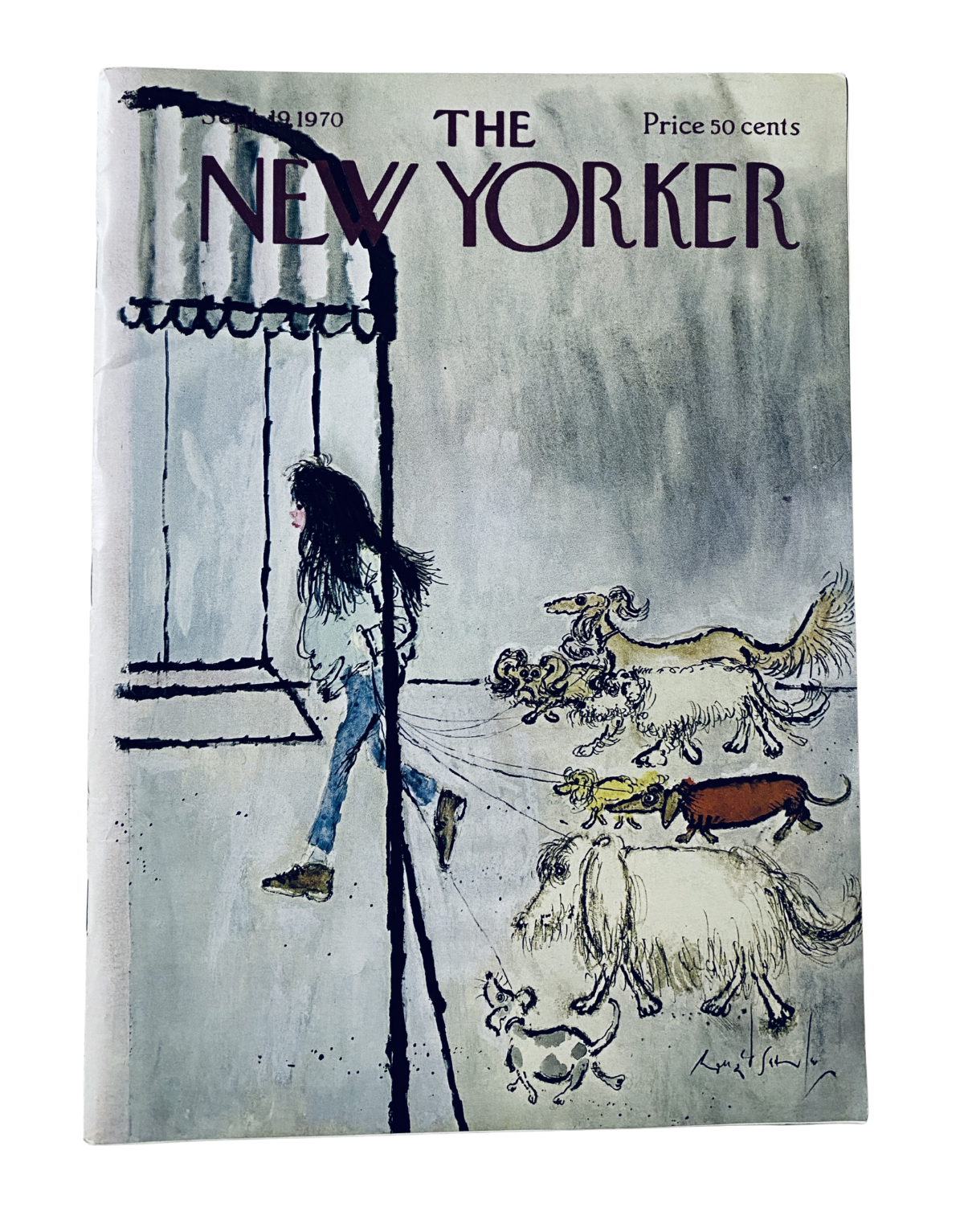 Cover of The New Yorker Magazine from September 19, 1970, illustrating a whimsical scene of a dog walker with multiple dogs, designed by Ronald Searle, showcasing unique artwork and vintage magazine charm.