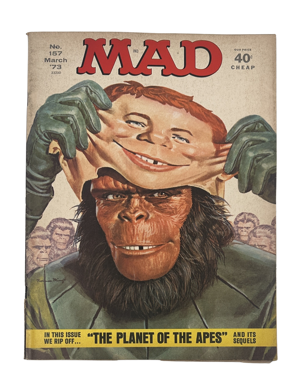 Cover of MAD Magazine No. 157 from March 1973 featuring 'The Planet of the Apes' with a character revealing a face mask, highlighting the comic's unique humor.
