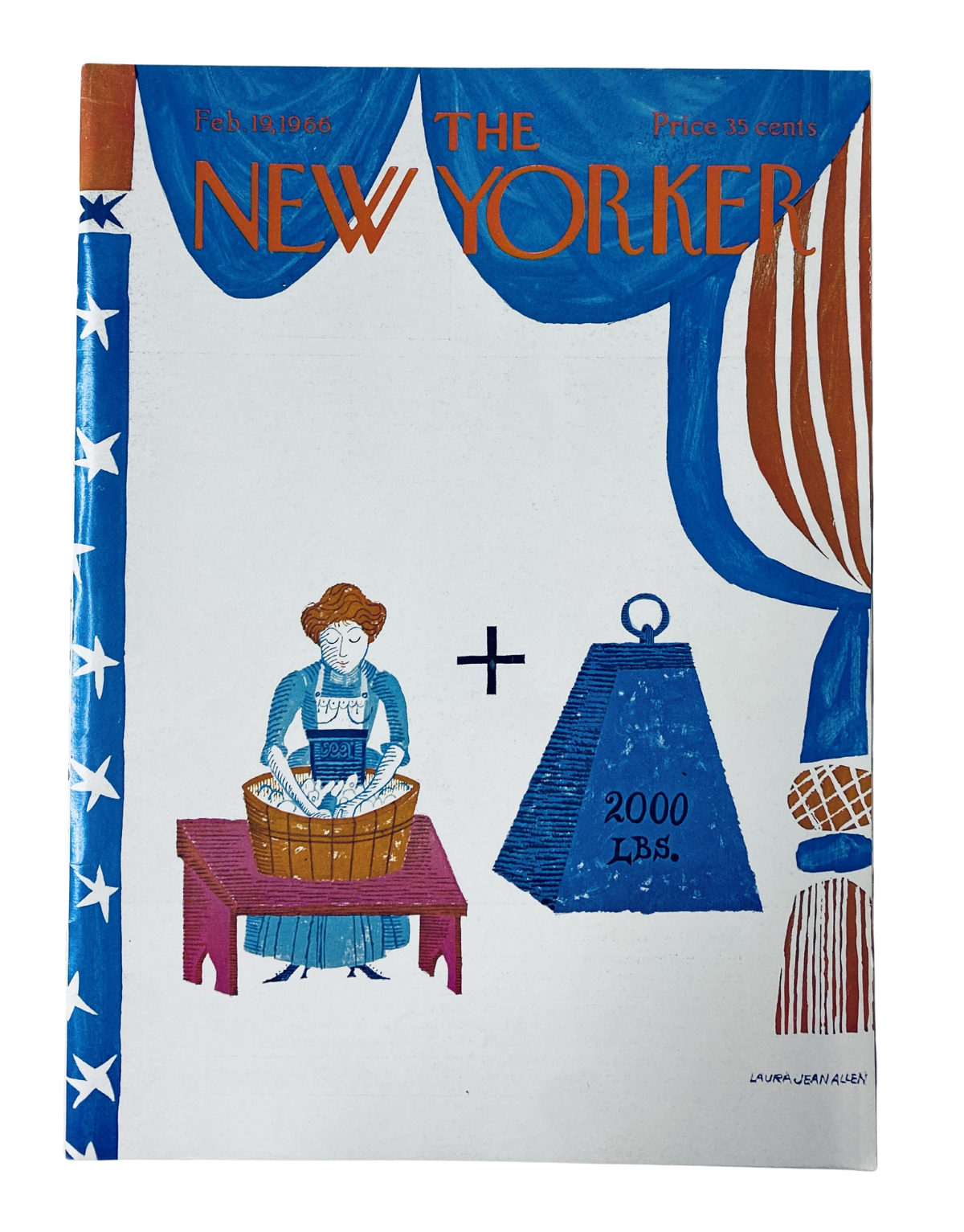 Cover art of The New Yorker Magazine dated February 19, 1966, featuring a whimsical illustration by Laura Jean Allen, depicting a woman with a laundry basket and a large weighing scale.
