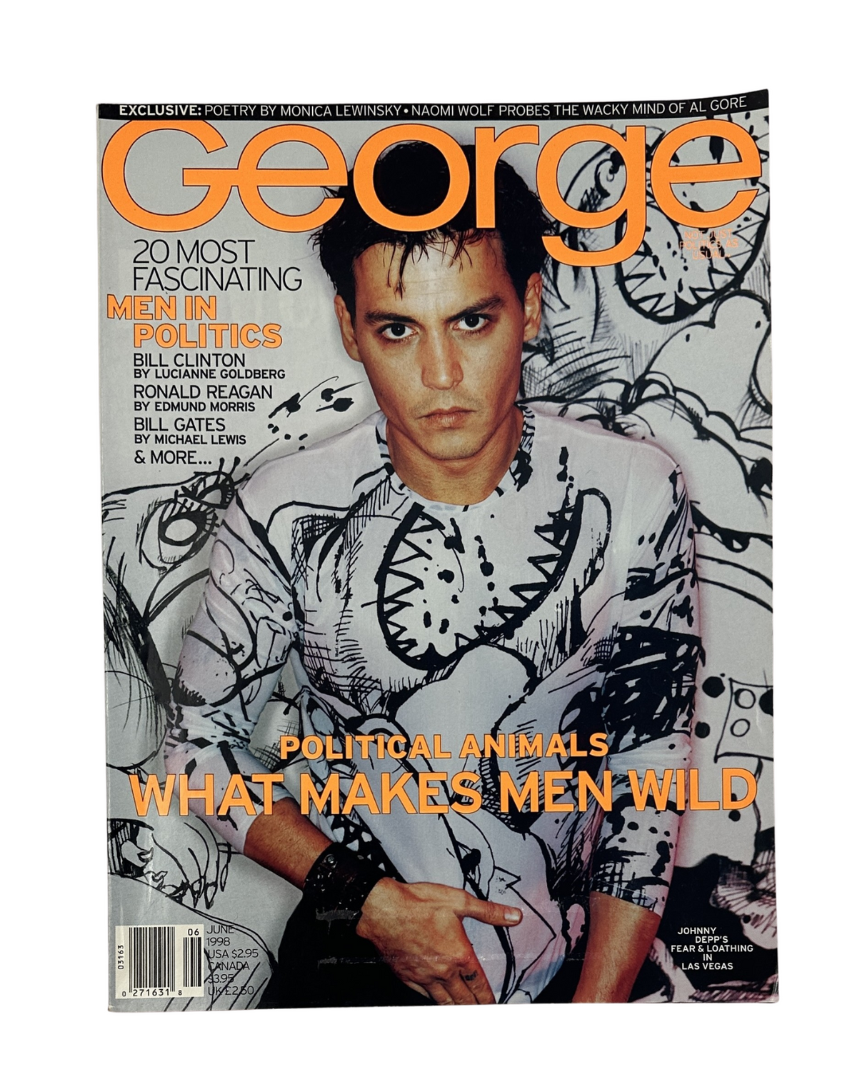 George Magazine June 1998 cover featuring Johnny Depp in artistic clothing, highlighting the theme '20 Most Fascinating Men in Politics', with Bill Clinton and other prominent figures mentioned.