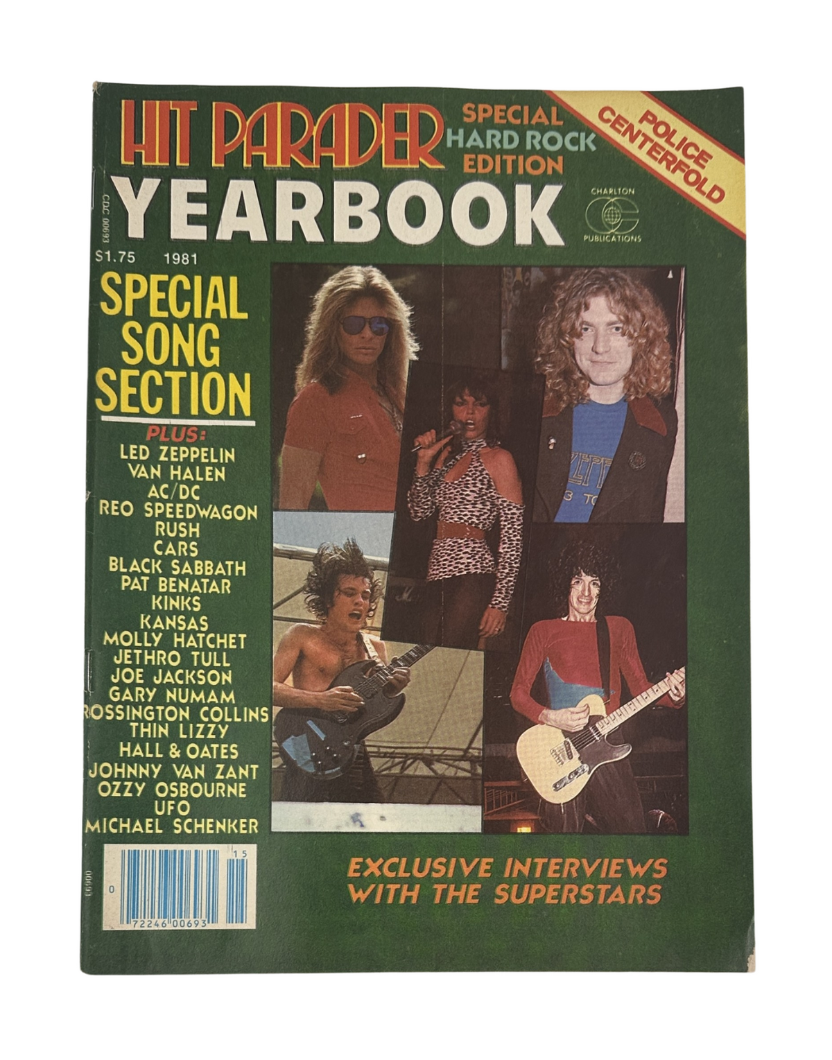 Hit Parader Yearbook Magazine 1981 featuring Led Zeppelin, Van Halen, AC/DC, and Pat Benatar on the cover, highlighting major rock icons with a vibrant design.