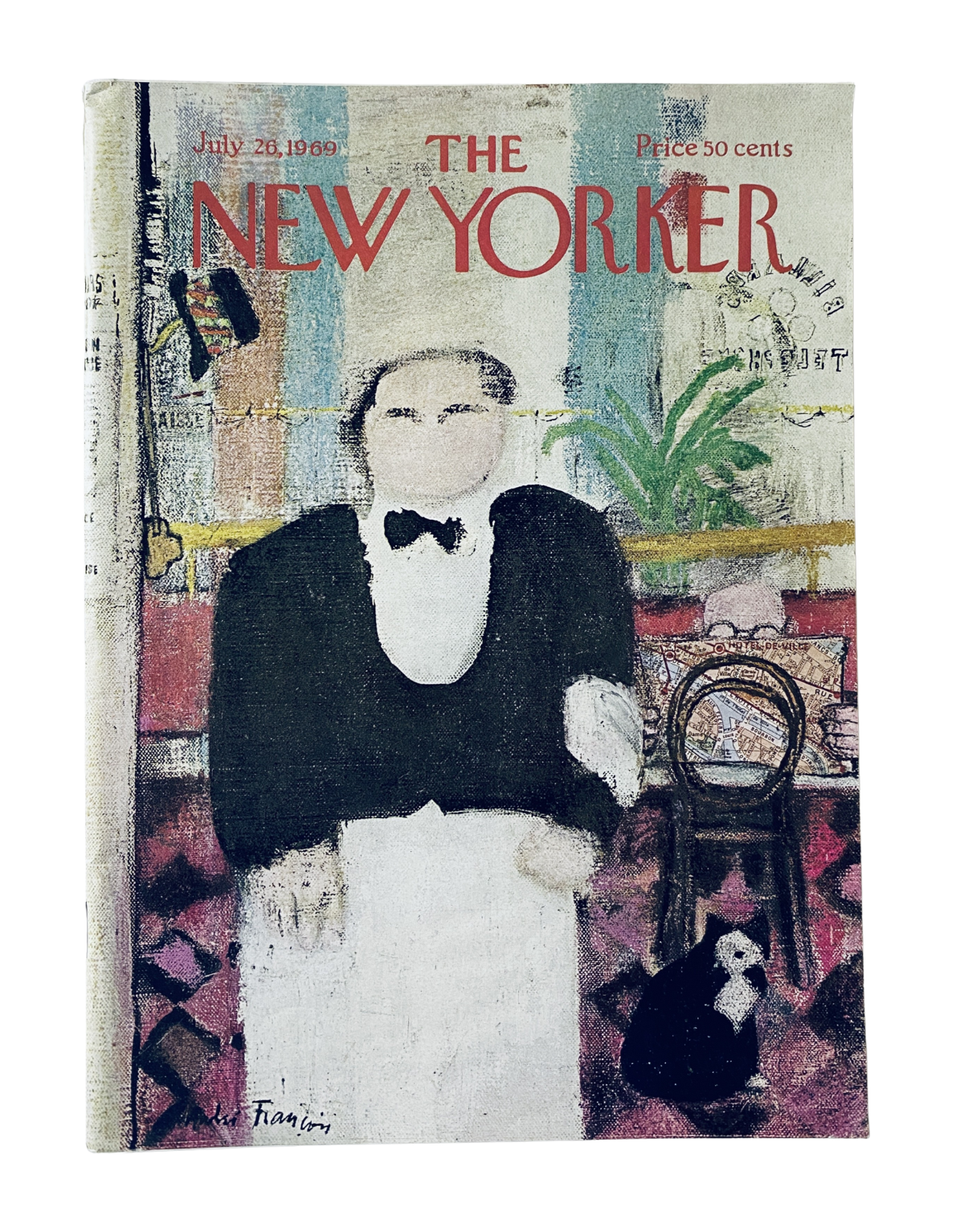 The New Yorker Magazine July 26, 1969 cover art by André François featuring a gentleman in a tuxedo and a dog in a stylish interior setting.
