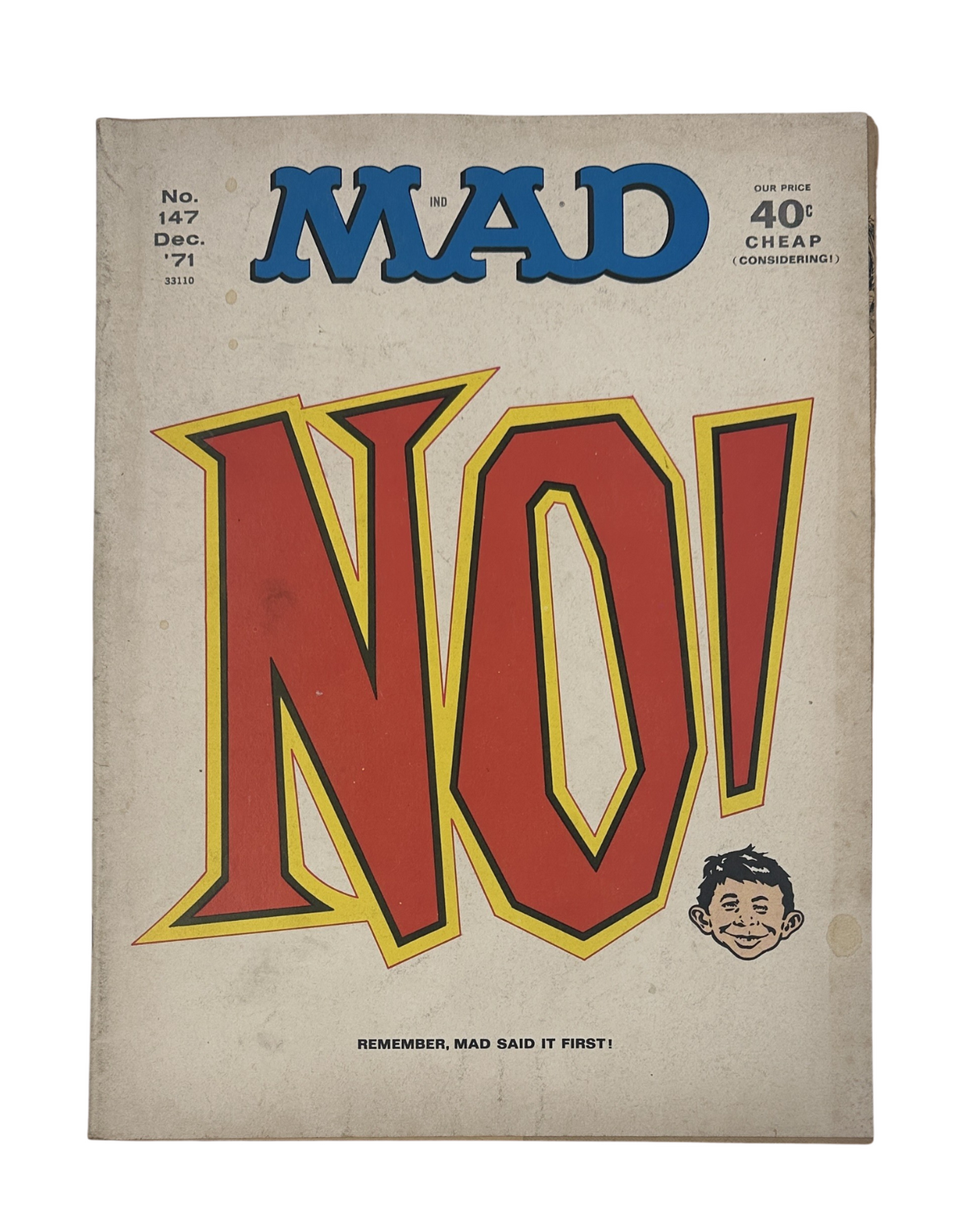 Cover of MAD Magazine No. 147, December 1971, featuring bold red 'NO!' text and a cartoon character, showcasing an iconic style.