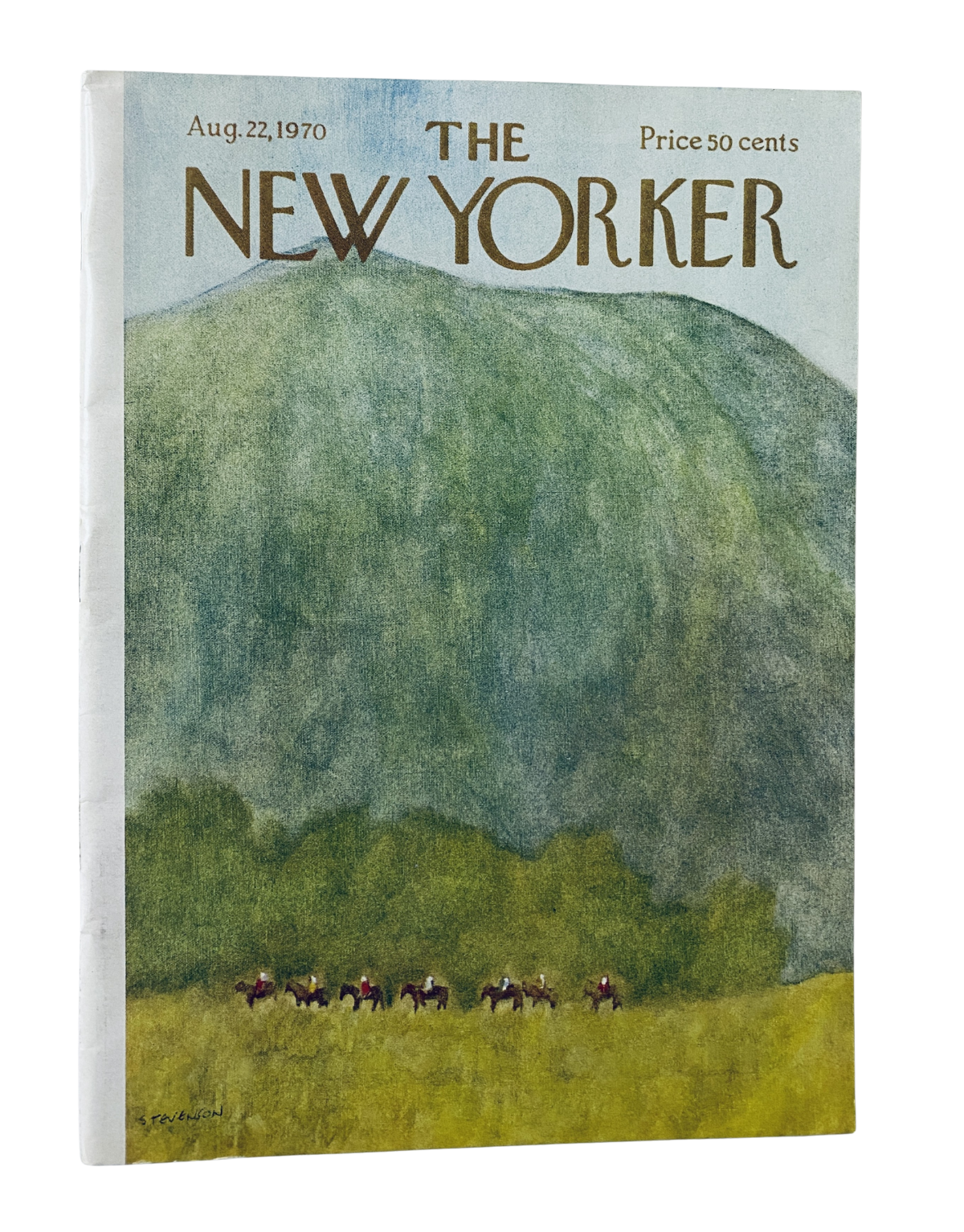 The New Yorker Magazine August 22, 1970 cover featuring a mountain landscape with horsemen in the foreground, published for 50 cents, in very good condition.