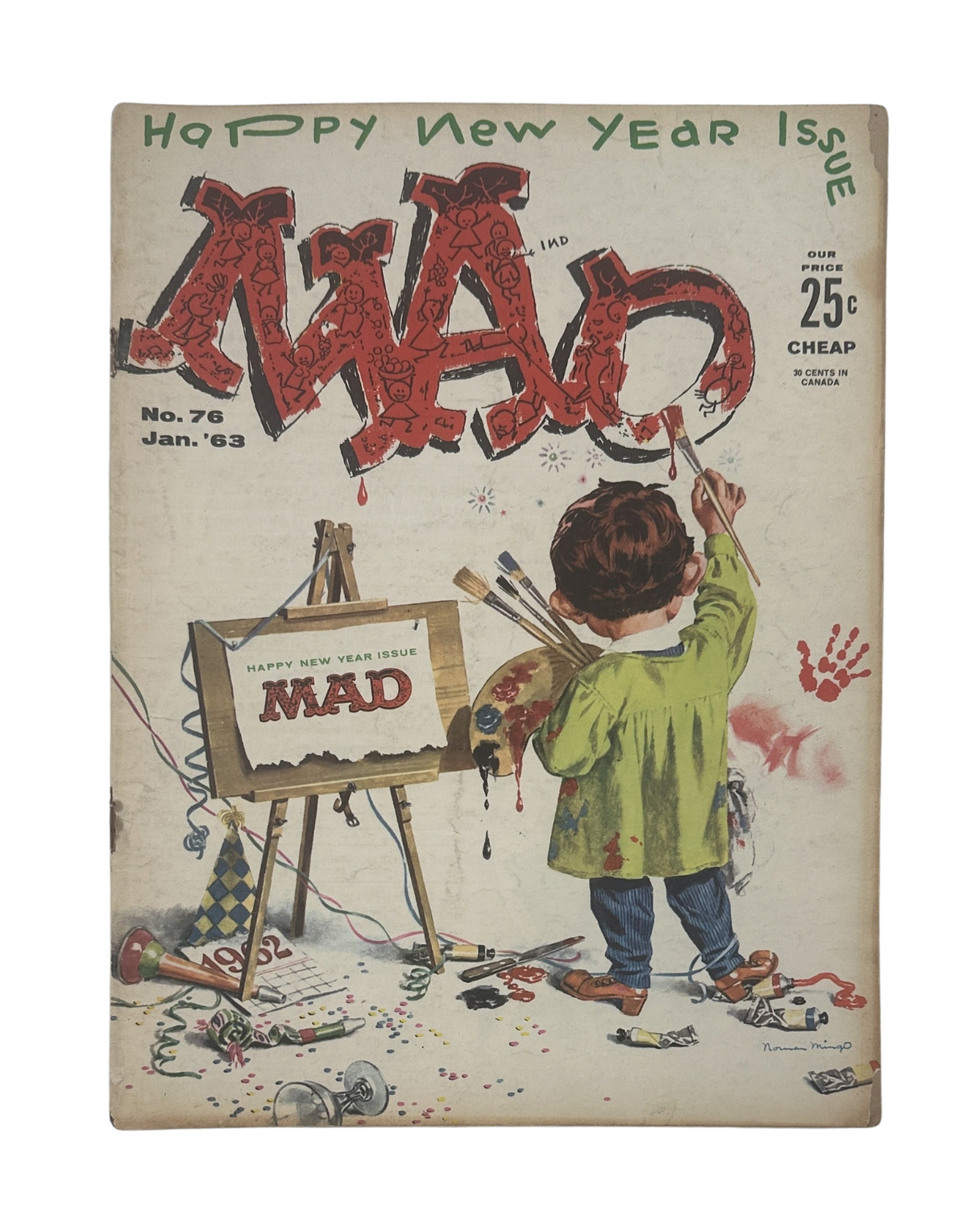 Cover of MAD Magazine No. 76 from January 1963 featuring a child with paintbrushes, celebrating the 'Happy New Year' theme.