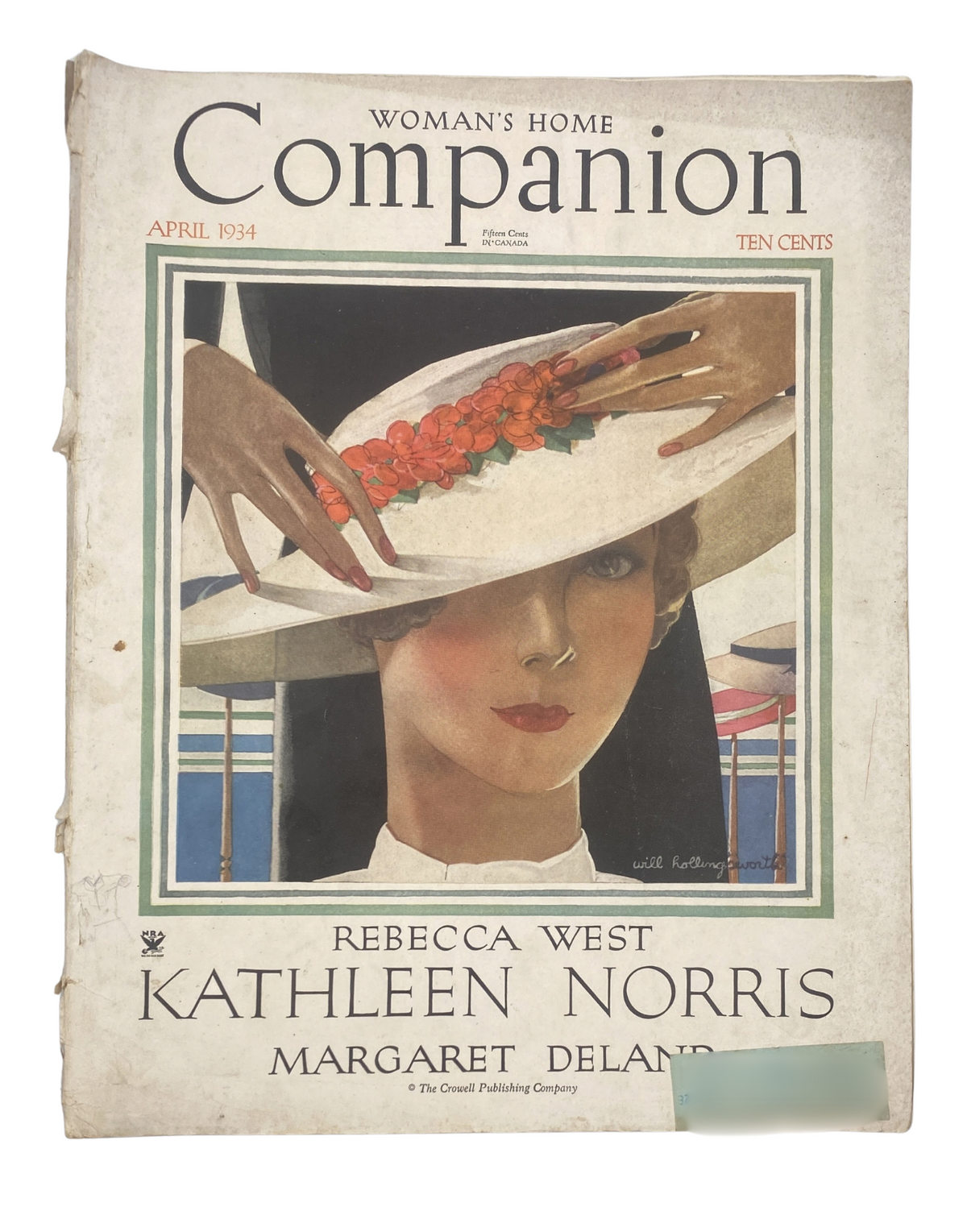 Cover of Woman’s Home Companion Magazine from April 1934 featuring artwork by Rebecca West, highlighting Kathleen Norris and Margaret Deland, showcasing a woman wearing a stylish hat adorned with flowers.