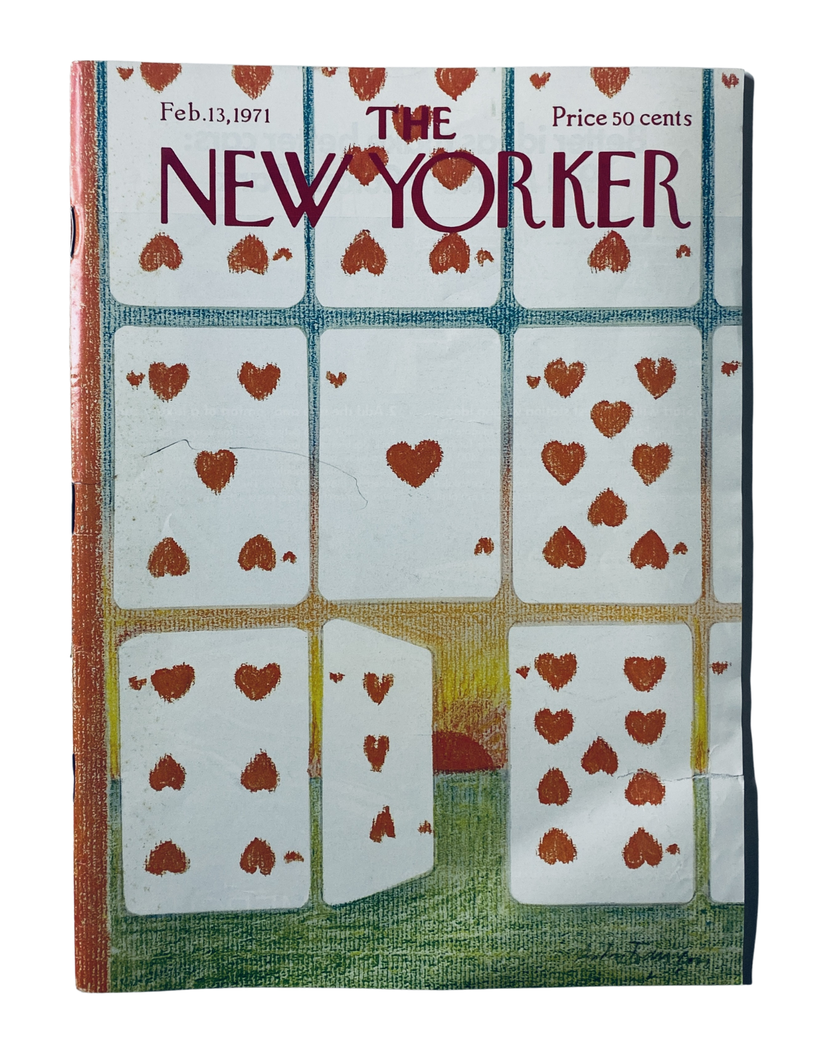 The New Yorker Magazine February 13, 1971 cover featuring playing cards with hearts, designed by André François, showcasing a whimsical illustration style and vibrant colors.